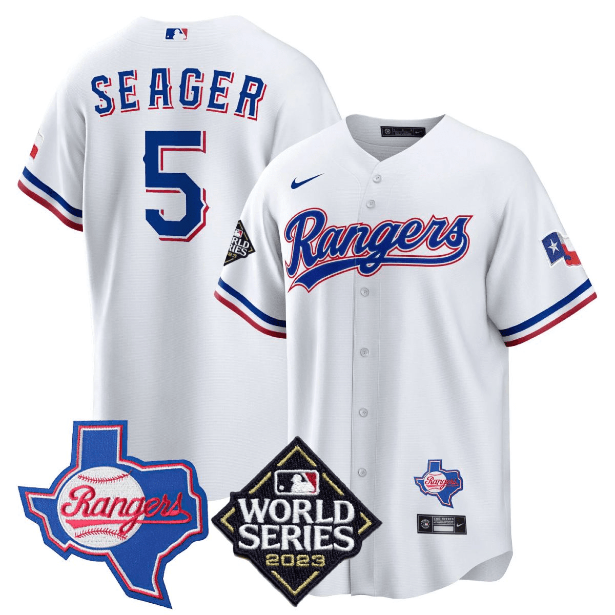 Men's Corey Seager Texas Rangers 2023 World Series & Texas State Patch Cool Base Gold White Jersey V2 ñ All Stitched