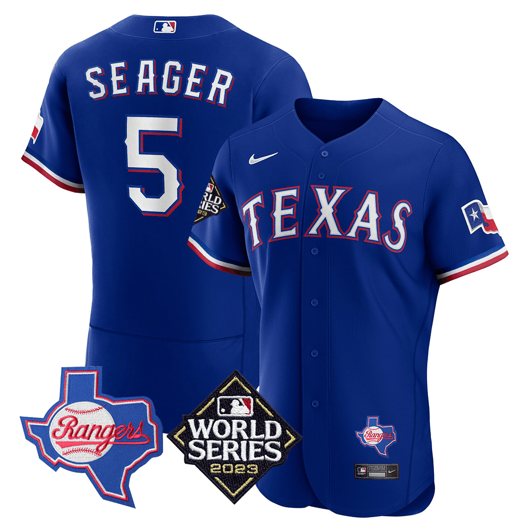Men's Corey Seager Texas Rangers Texas State & 2023 World Series Patch Jersey - All Stitched - Blue