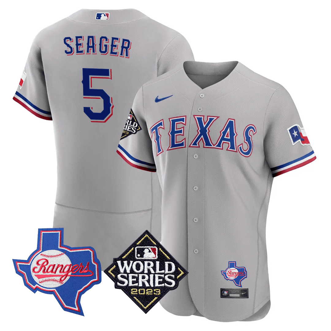 Men's Corey Seager Texas Rangers Texas State & 2023 World Series Patch Jersey - All Stitched - Grey