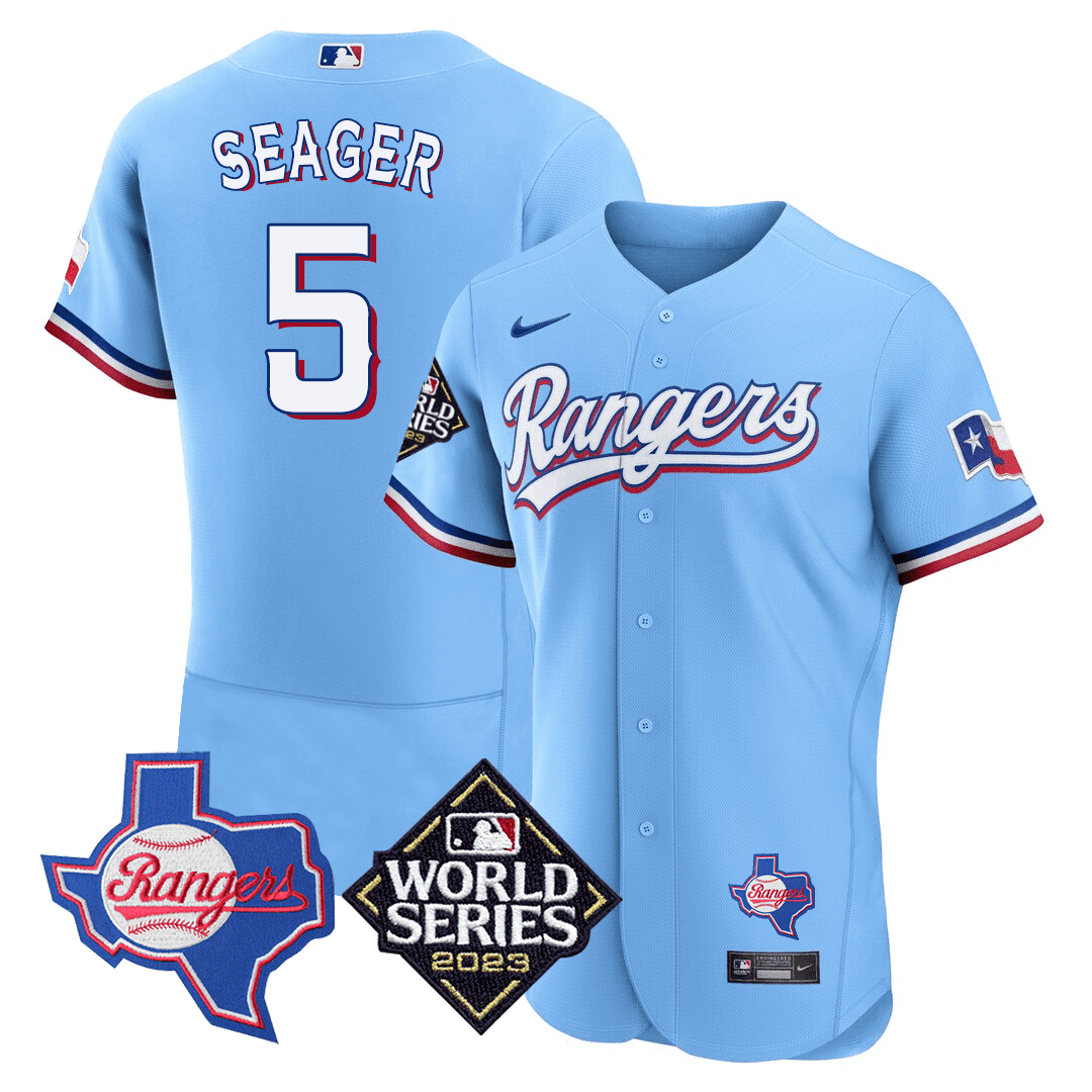 Men's Corey Seager Texas Rangers Texas State & 2023 World Series Patch Jersey - All Stitched - Light Blue