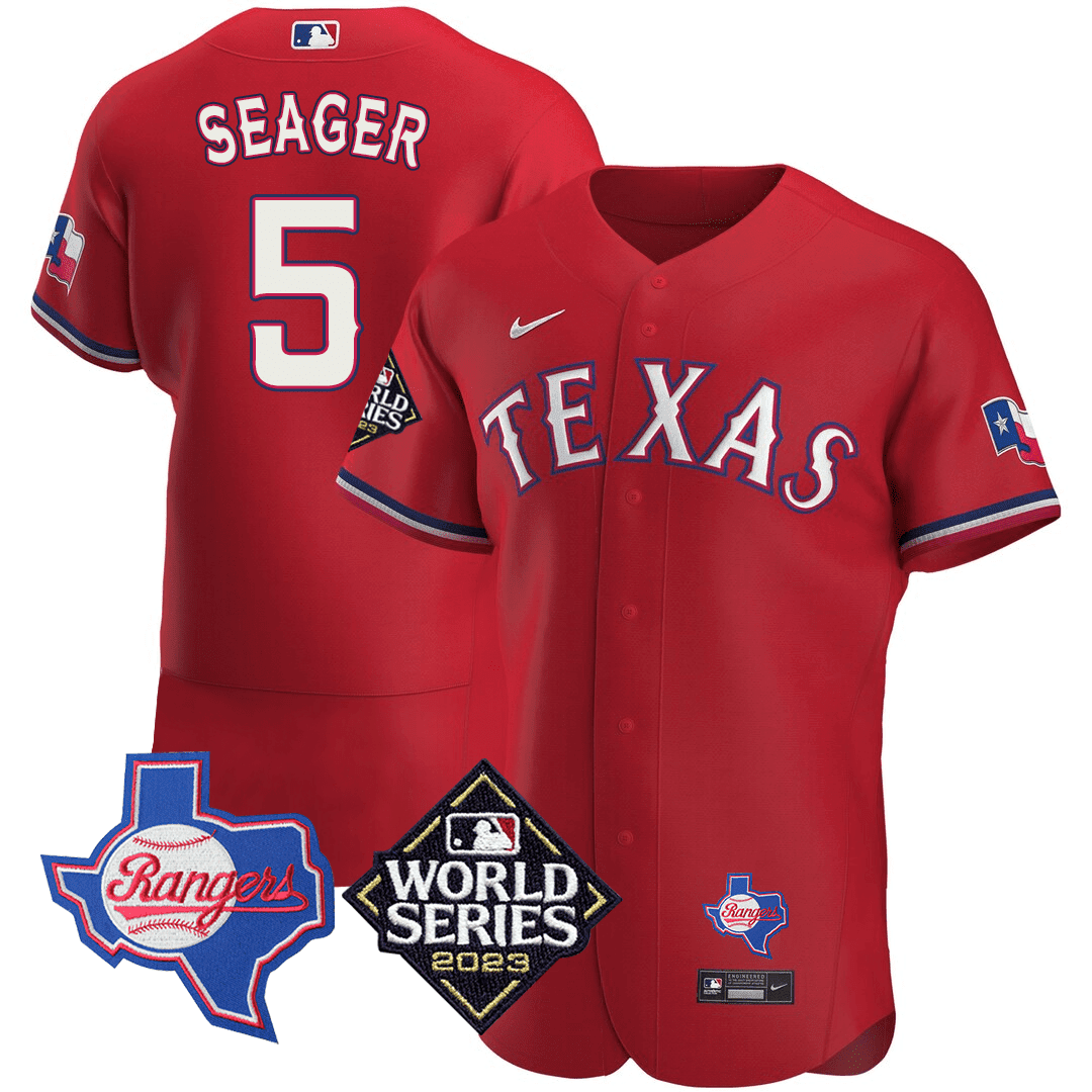 Men's Corey Seager Texas Rangers Texas State & 2023 World Series Patch Jersey - All Stitched - Red