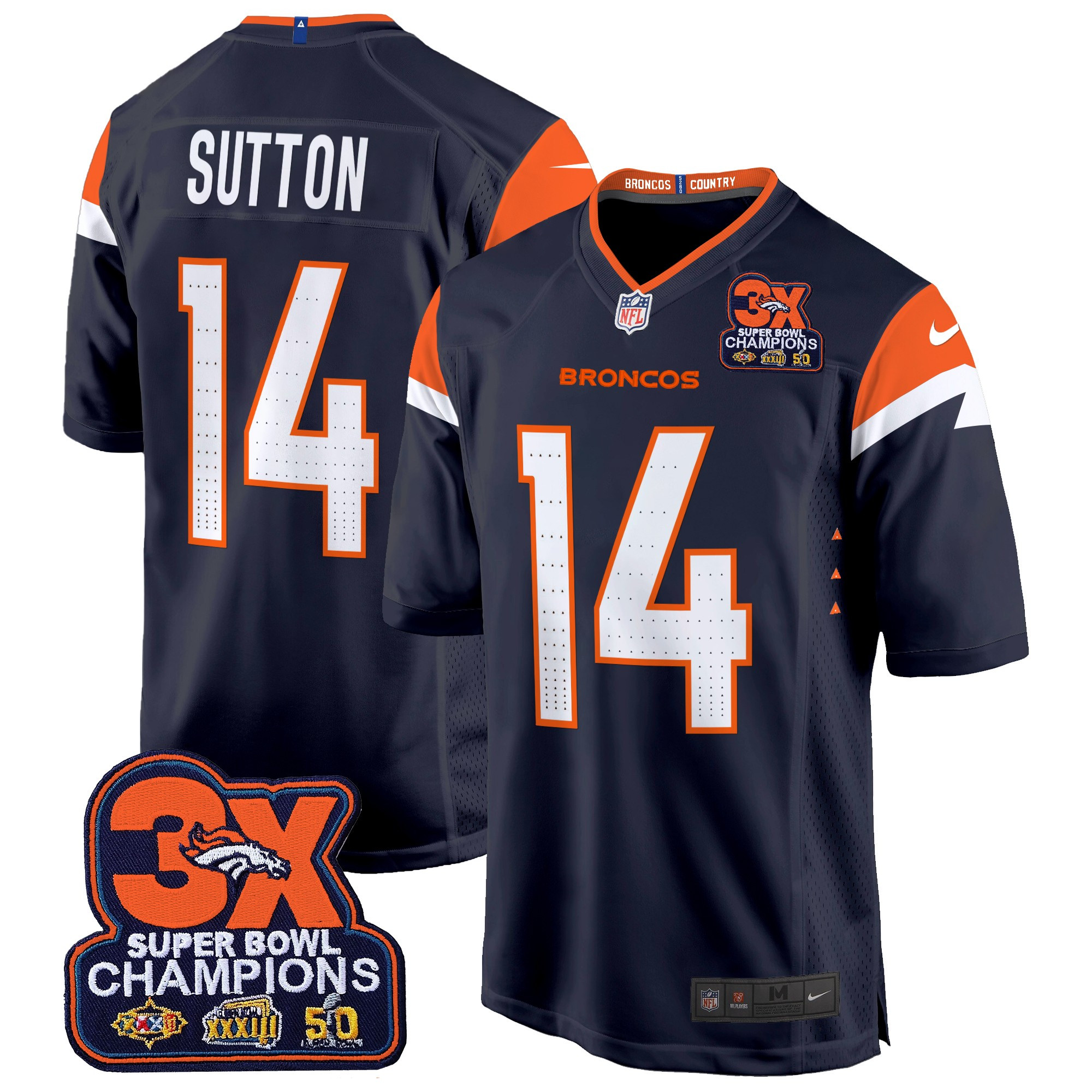 Men's Courtland Sutton Denver Broncos 3-Time Champions Patch Game Navy Jersey - All Stitched