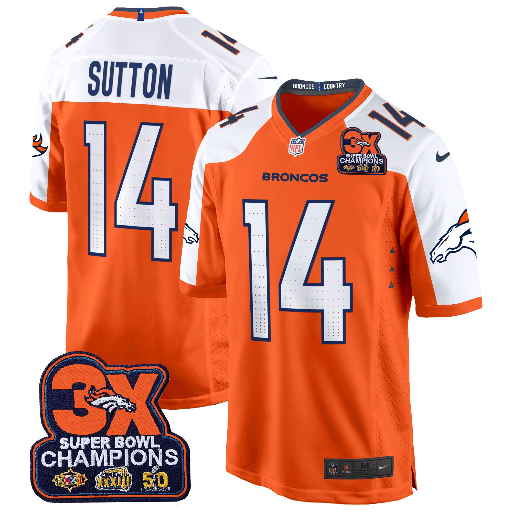 Men's Courtland Sutton Denver Broncos 3-Time Champions Patch Game Orange Alternate Jersey - All Stitched