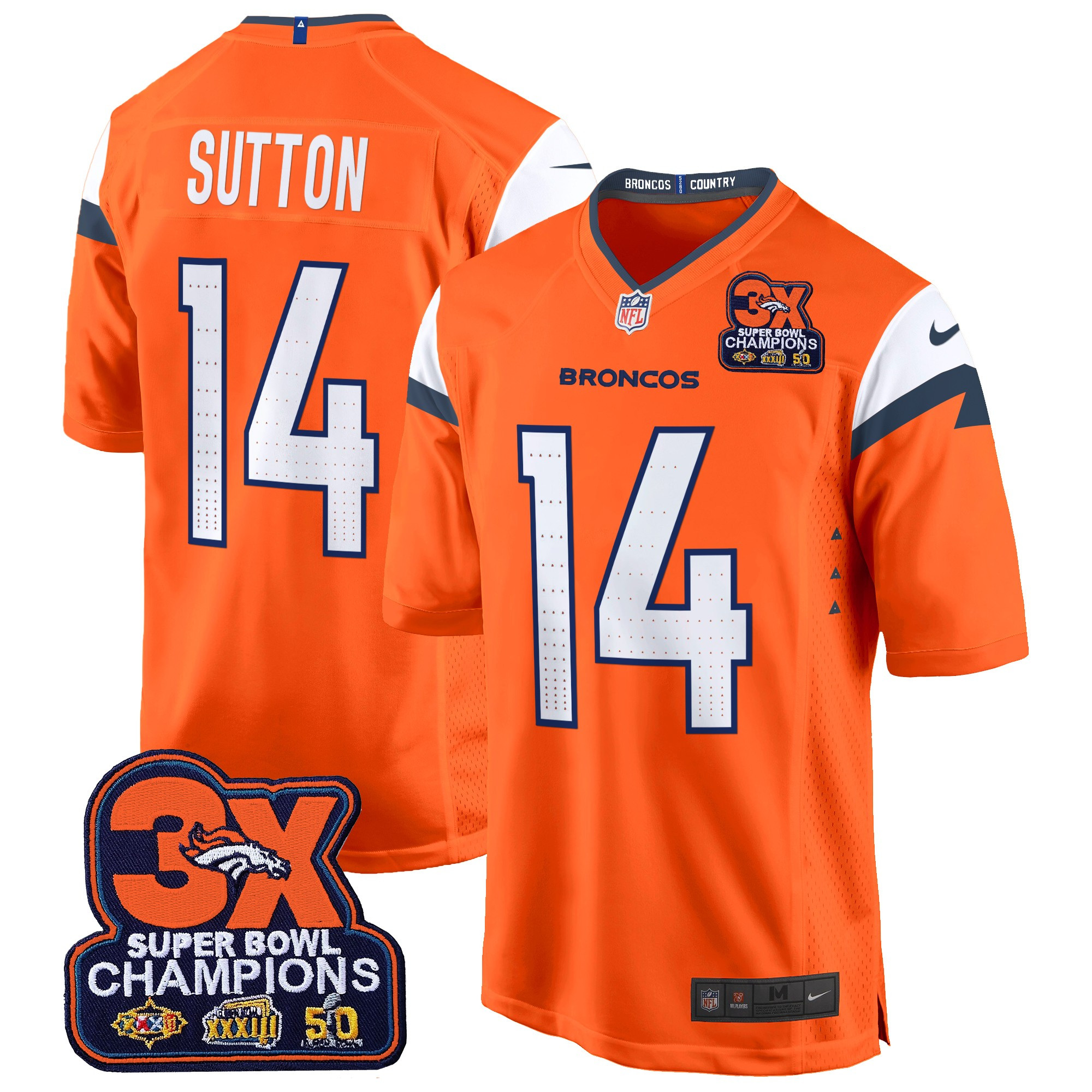 Men's Courtland Sutton Denver Broncos 3-Time Champions Patch Game Orange Jersey - All Stitched