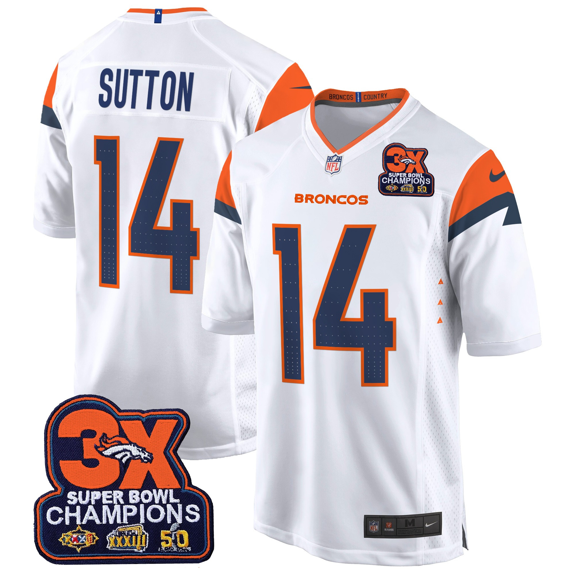 Men's Courtland Sutton Denver Broncos 3-Time Champions Patch Game White Jersey - All Stitched