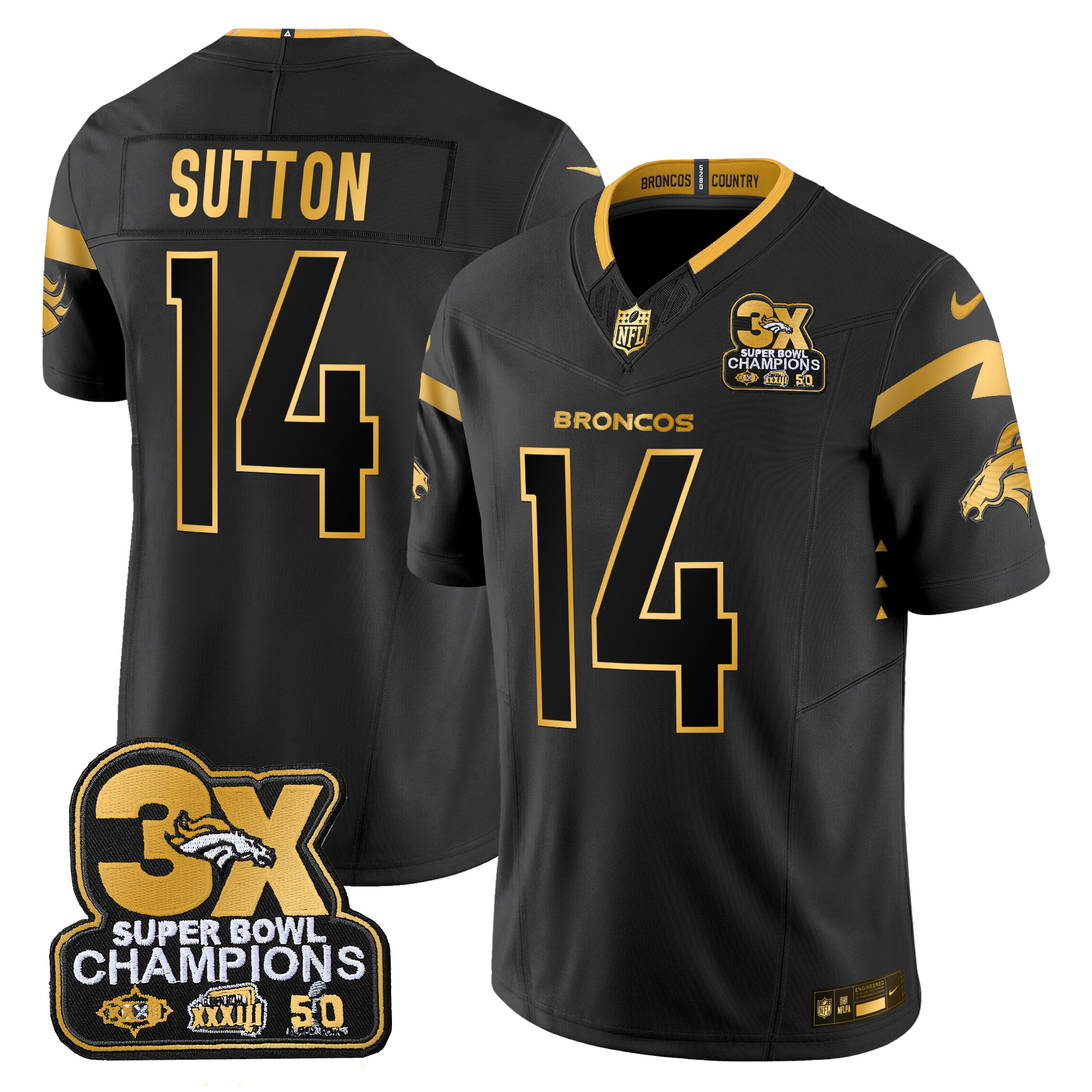 Men's Courtland Sutton Denver Broncos 3-Time Champions Patch Gold Vapor Limited Black Gold Jersey - All Stitched
