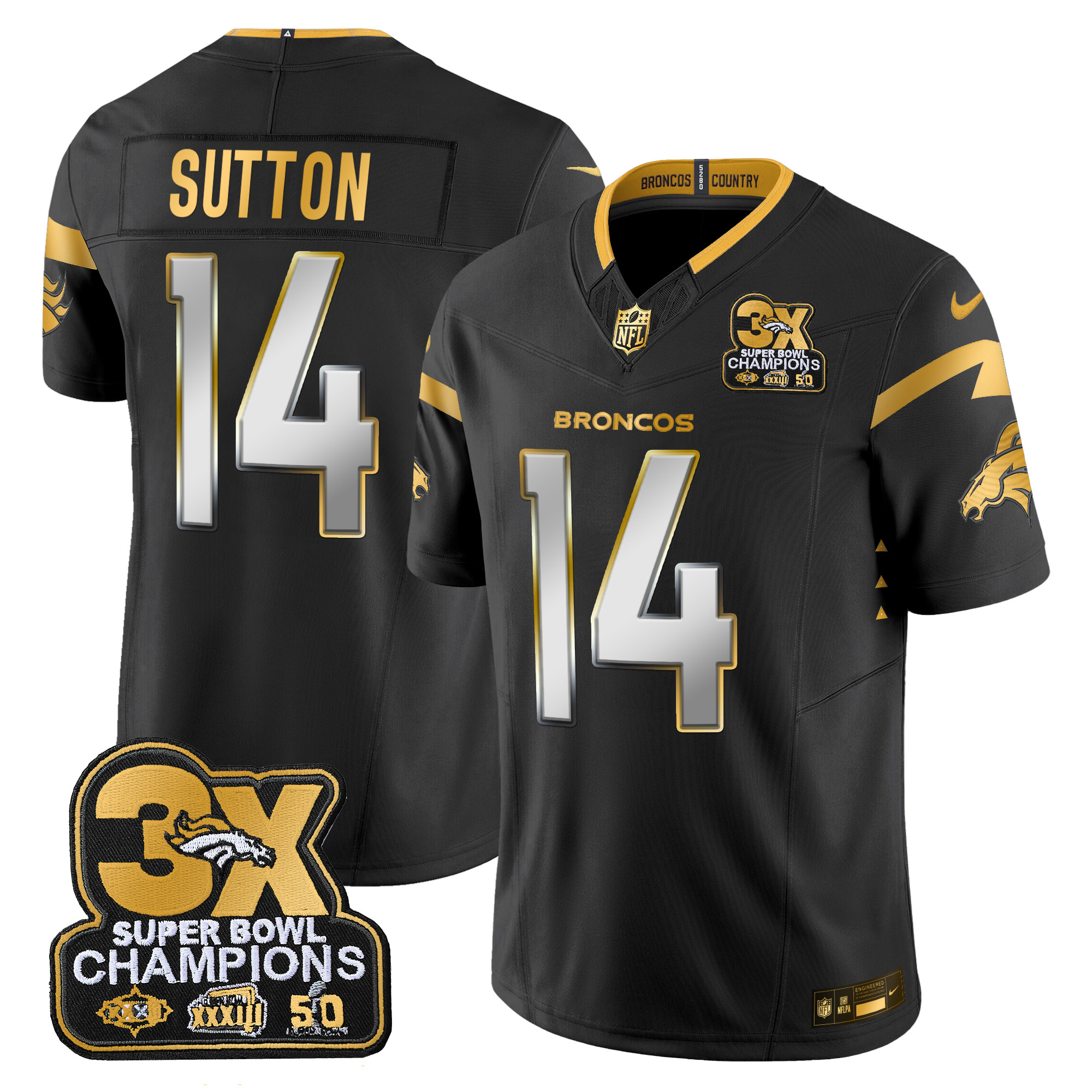 Men's Courtland Sutton Denver Broncos 3-Time Champions Patch Gold Vapor Limited Black Limited Jersey - All Stitched