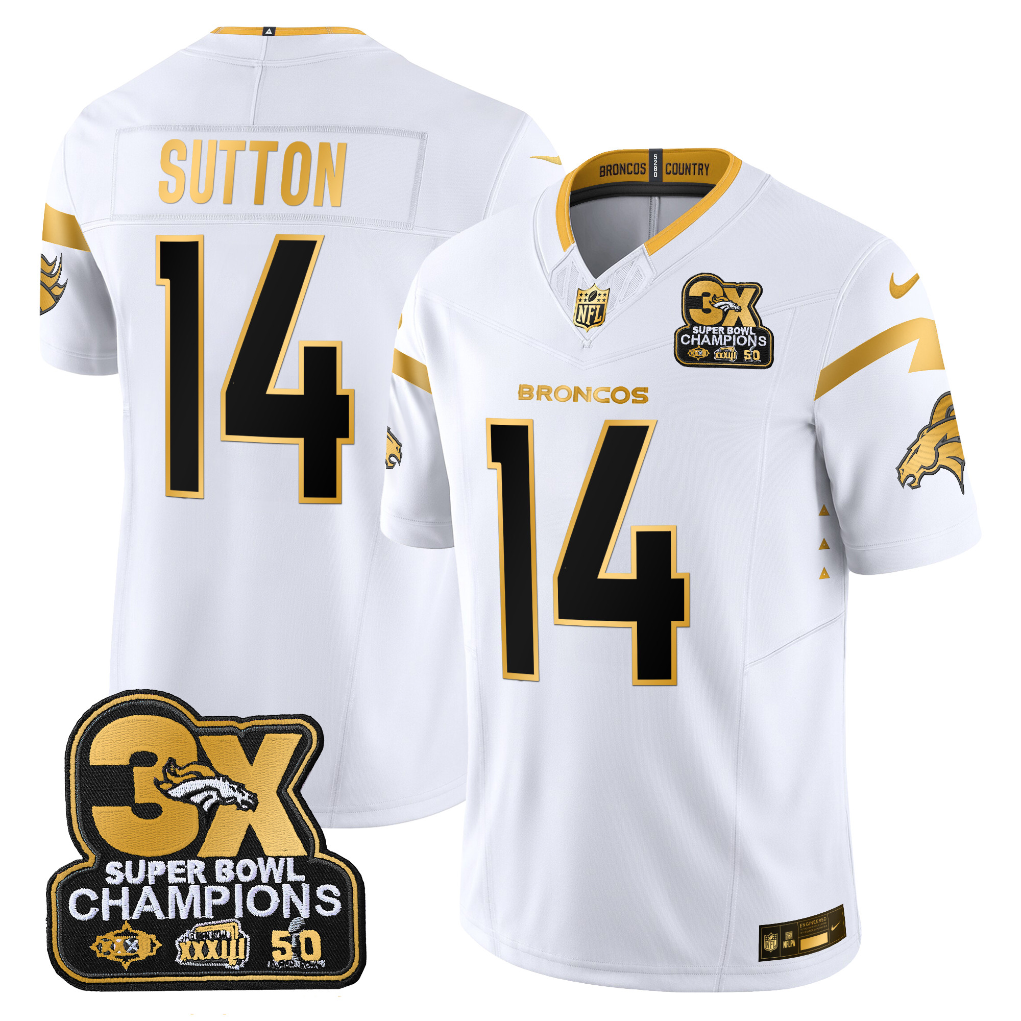 Men's Courtland Sutton Denver Broncos 3-Time Champions Patch Gold Vapor Limited White Gold Jersey - All Stitched