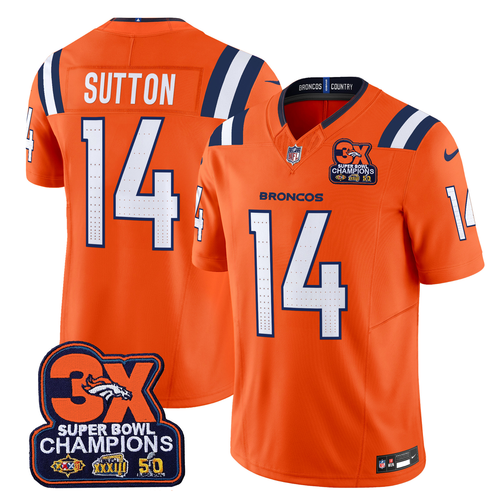 Men's Courtland Sutton Denver Broncos 3-Time Champions Patch Vapor Limited Orange Jersey - All Stitched