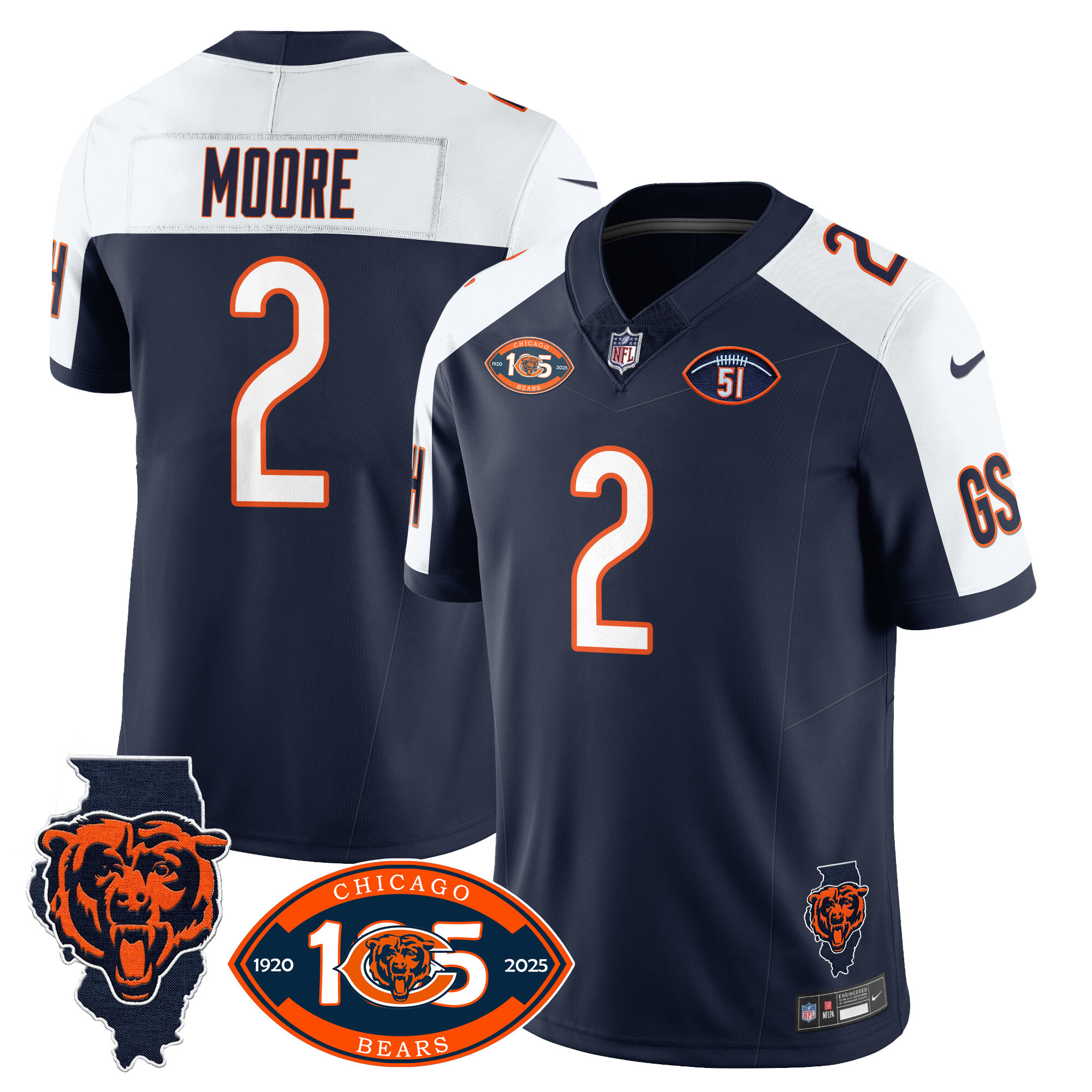 Men's D.J. Moore Chicago Bears 1920-2025 The Chicago Bears Vapor Limited Navy Alternate Jersey - All Stitched