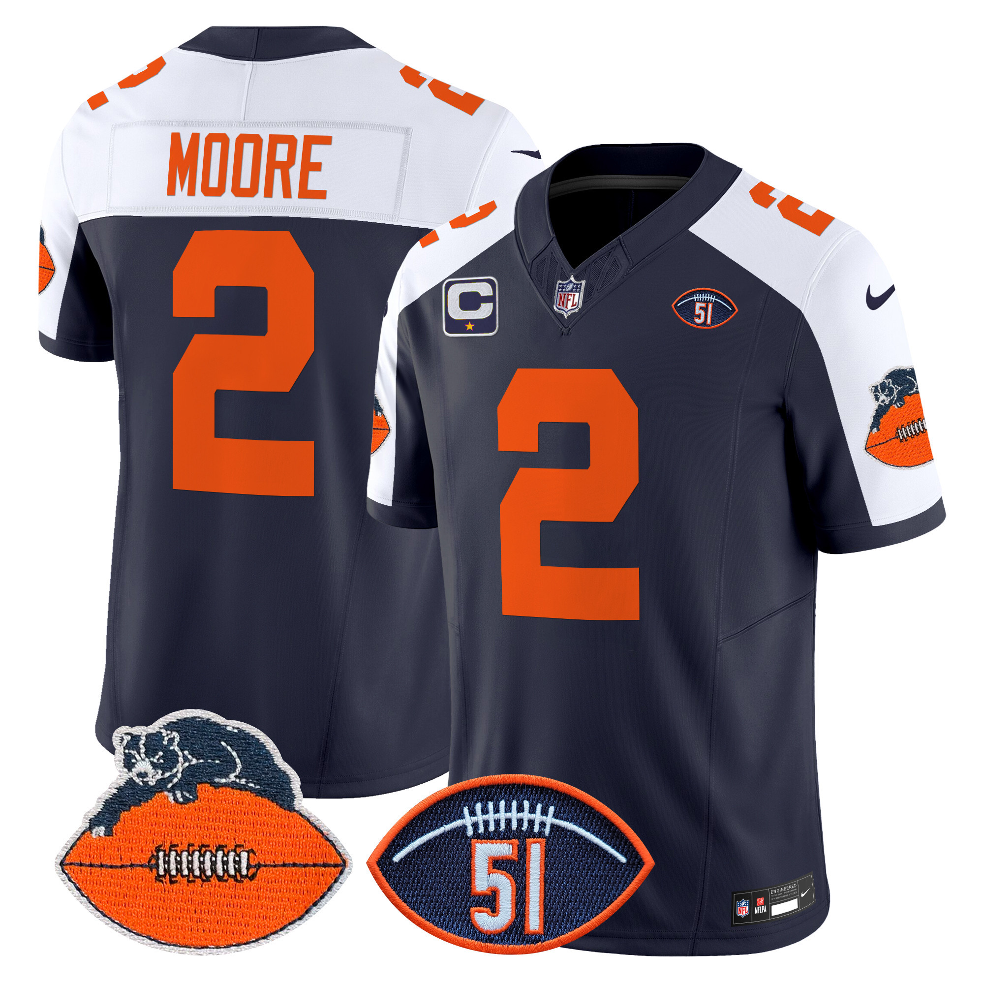 Men's D.J. Moore Chicago Bears Dick Butkus Patch Throwback Vapor Limited Navy Alternate Jersey - All Stitched