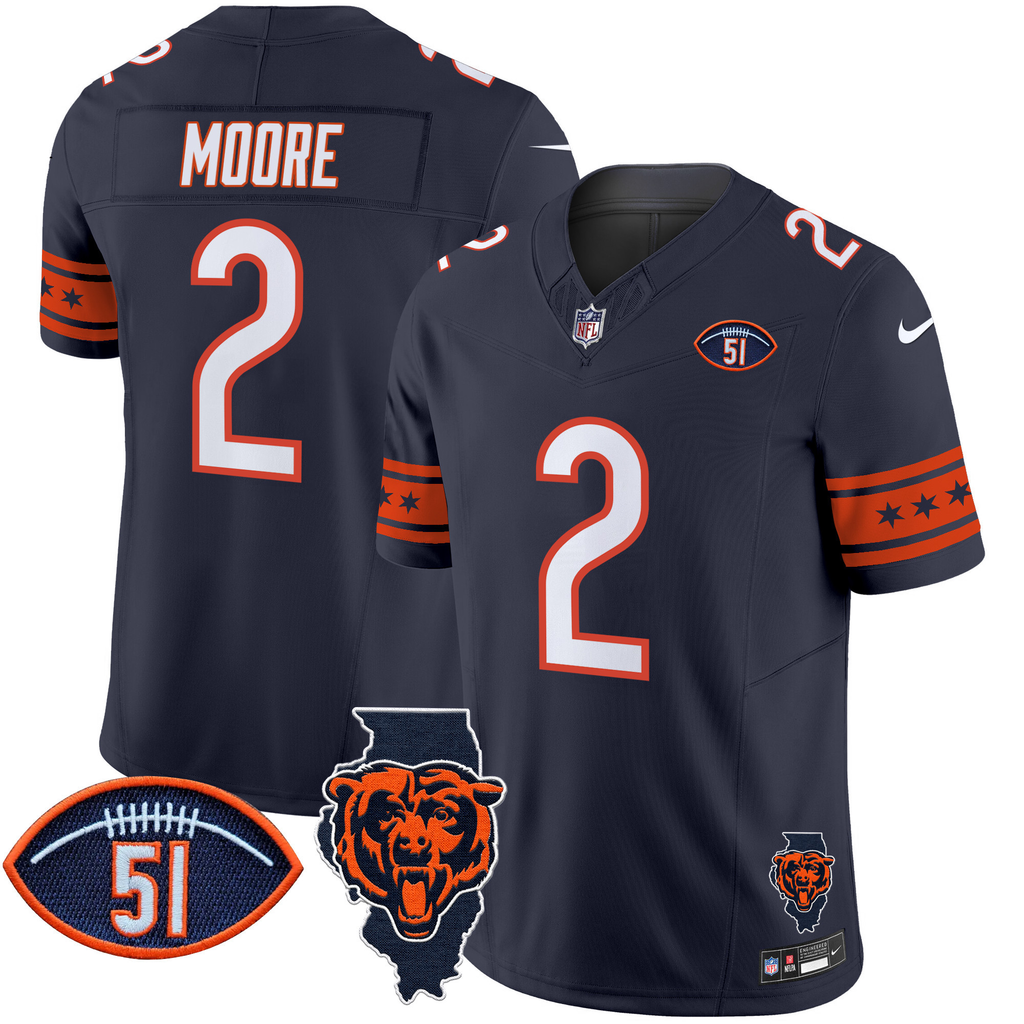 Men's D.J. Moore Chicago Bears Illinois & Dick Butkus Patch Vapor Limited Navy Jersey - All Stitched