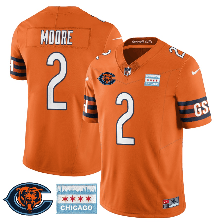 Men's D J Moore Chicago Bears City Edition GSH Orange Jersey - Chicago Flag - All Stitched