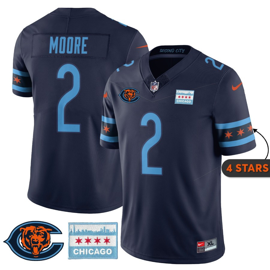 Men's D J Moore Chicago Bears City Edition Navy Jersey - Chicago Flag - All Stitched