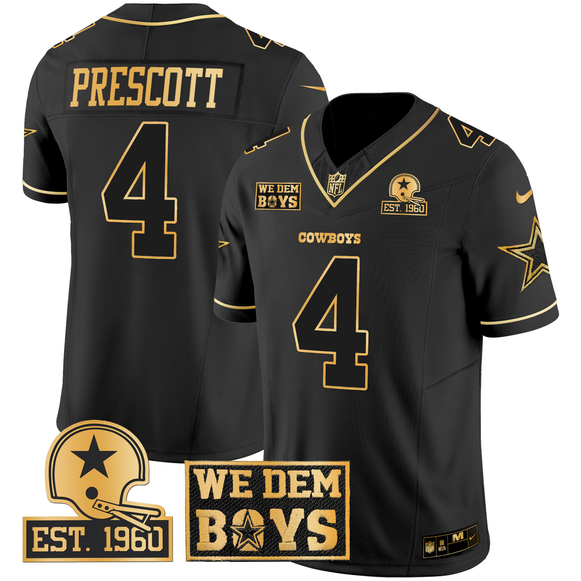 Men's Dak Prescott Dallas Cowboys Est. 1960 & We Dem Boyz Patch Gold Vapor Limited Black Gold Jersey - All Stitched