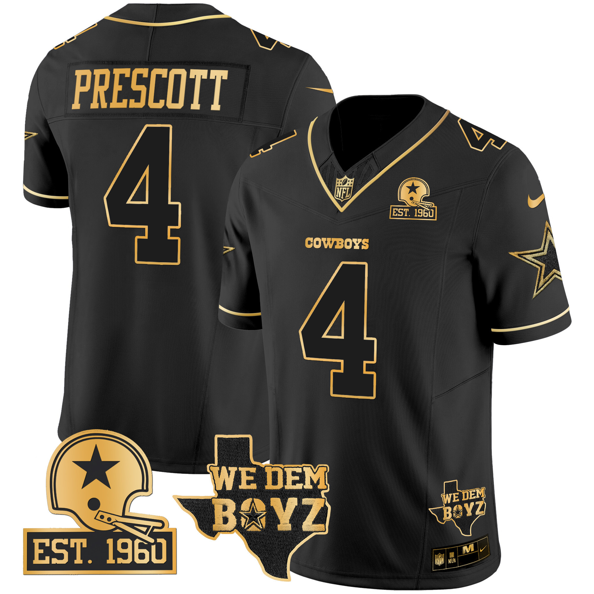 Men's Dak Prescott Dallas Cowboys Est. 1960 & We Dem Boyz Patch Gold Vapor Limited Black Gold Jersey V2 - All Stitched