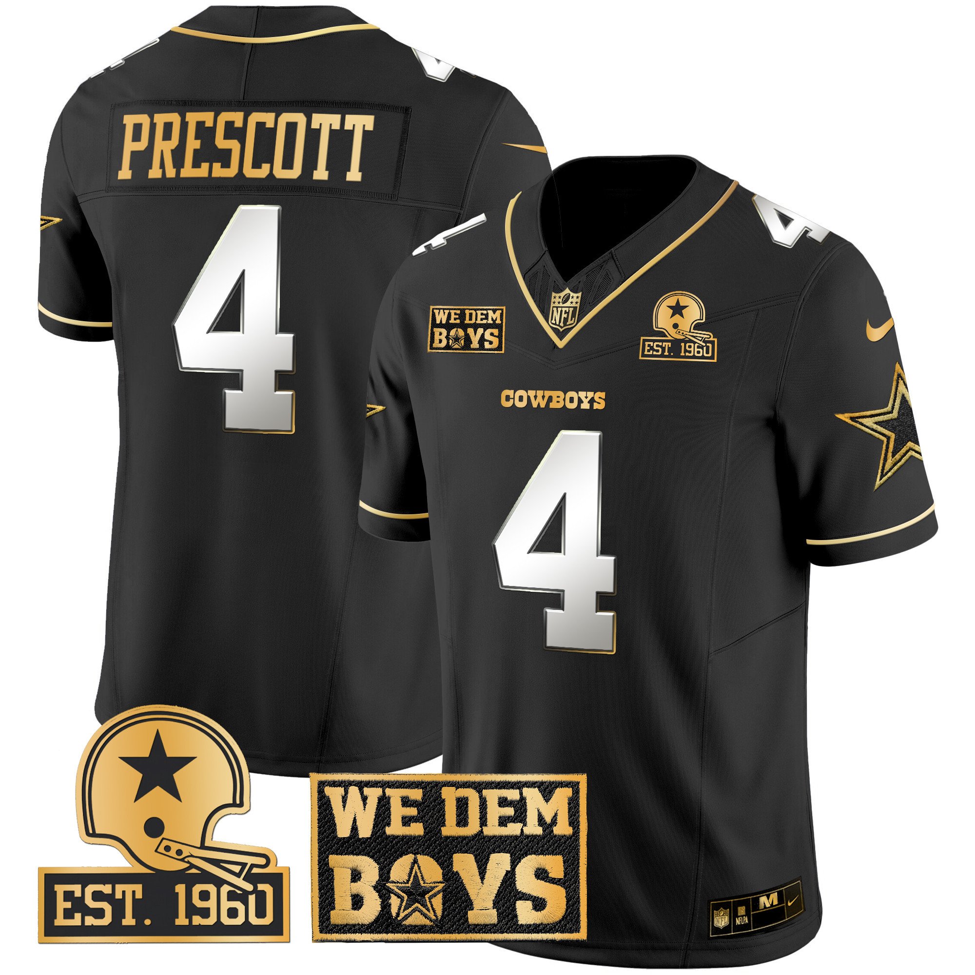 Men's Dak Prescott Dallas Cowboys Est. 1960 & We Dem Boyz Patch Gold Vapor Limited Black Limited Jersey - All Stitched