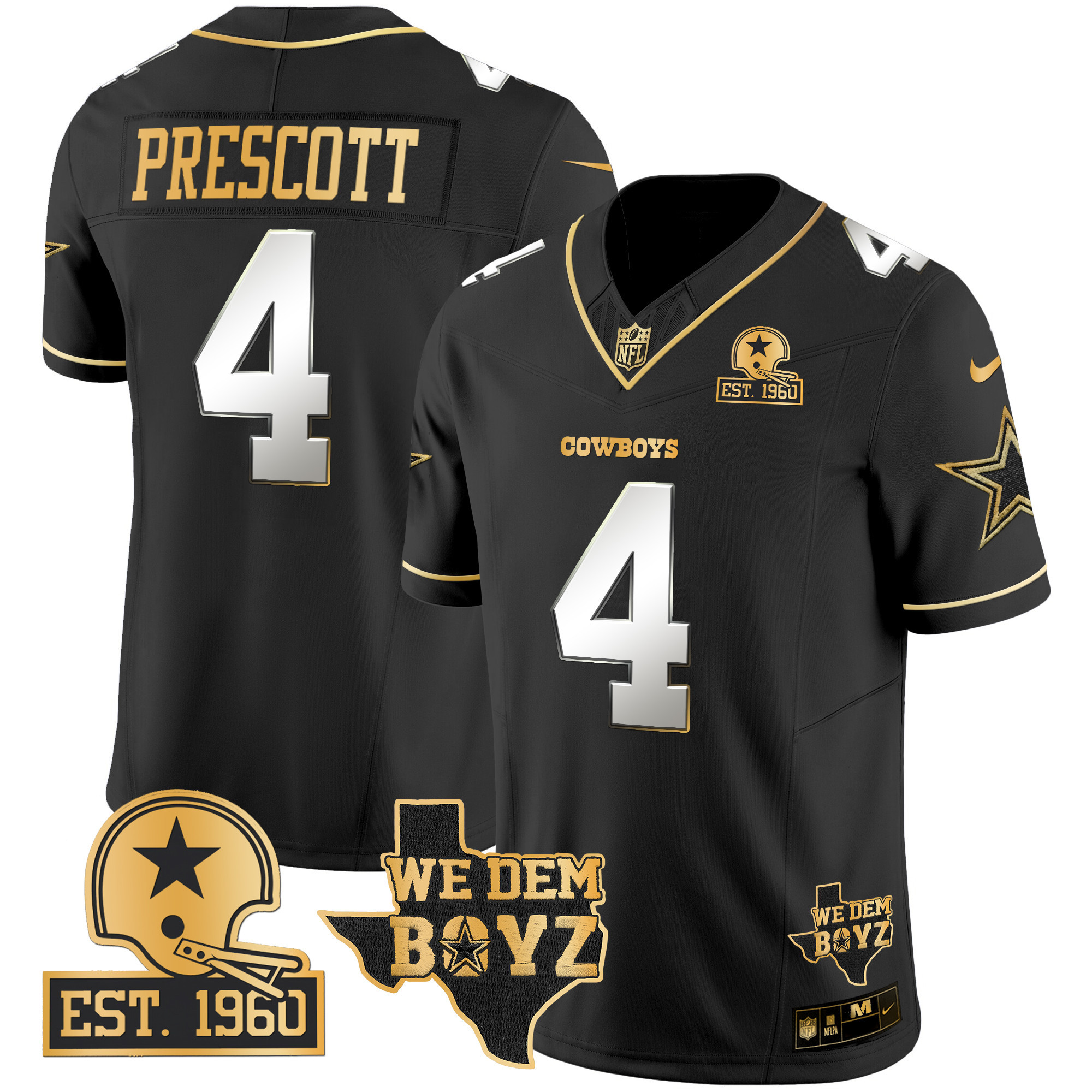 Men's Dak Prescott Dallas Cowboys Est. 1960 & We Dem Boyz Patch Gold Vapor Limited Black Limited Jersey V2 - All Stitched