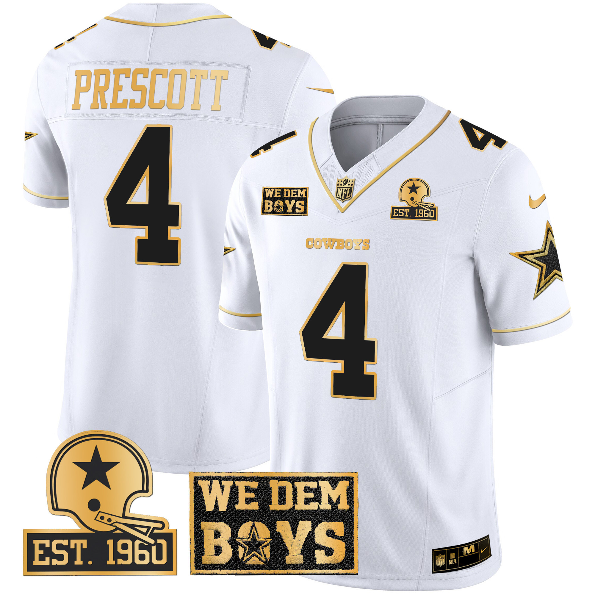 Men's Dak Prescott Dallas Cowboys Est. 1960 & We Dem Boyz Patch Gold Vapor Limited White Gold Jersey - All Stitched