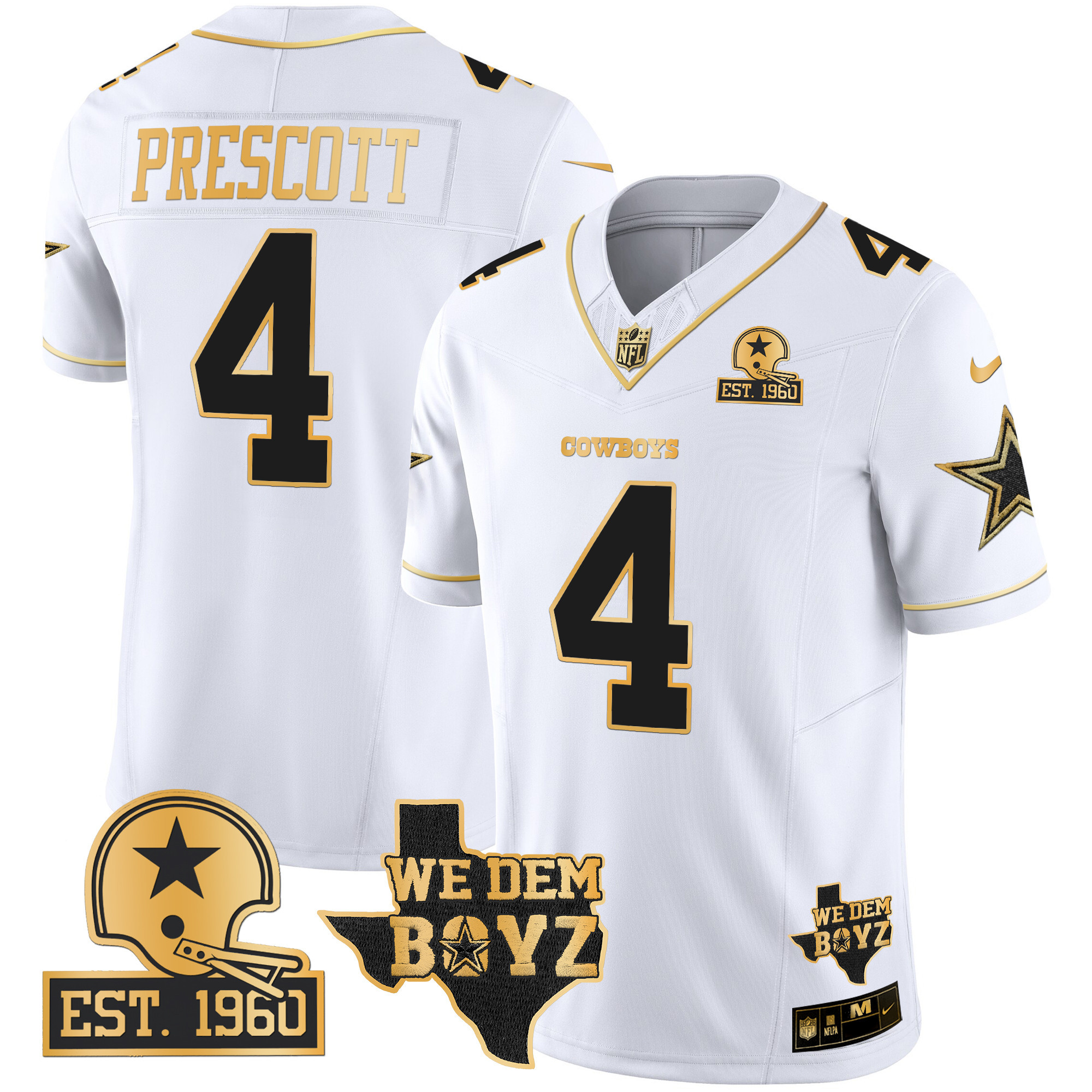 Men's Dak Prescott Dallas Cowboys Est. 1960 & We Dem Boyz Patch Gold Vapor Limited White Gold Jersey V2 - All Stitched