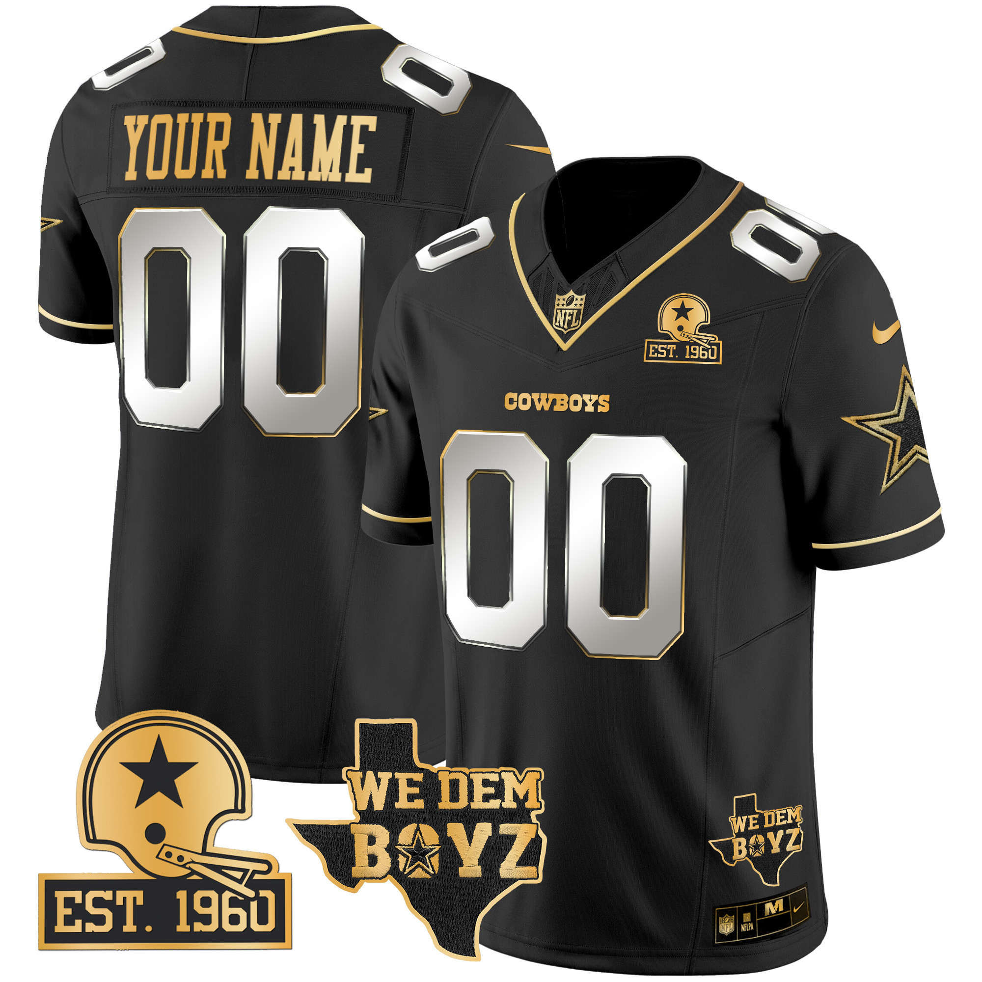 Men's Dallas Cowboys Est. 1960 & We Dem Boyz Patch Gold Vapor Limited Custom Black Limited Jersey V2 - All Stitched