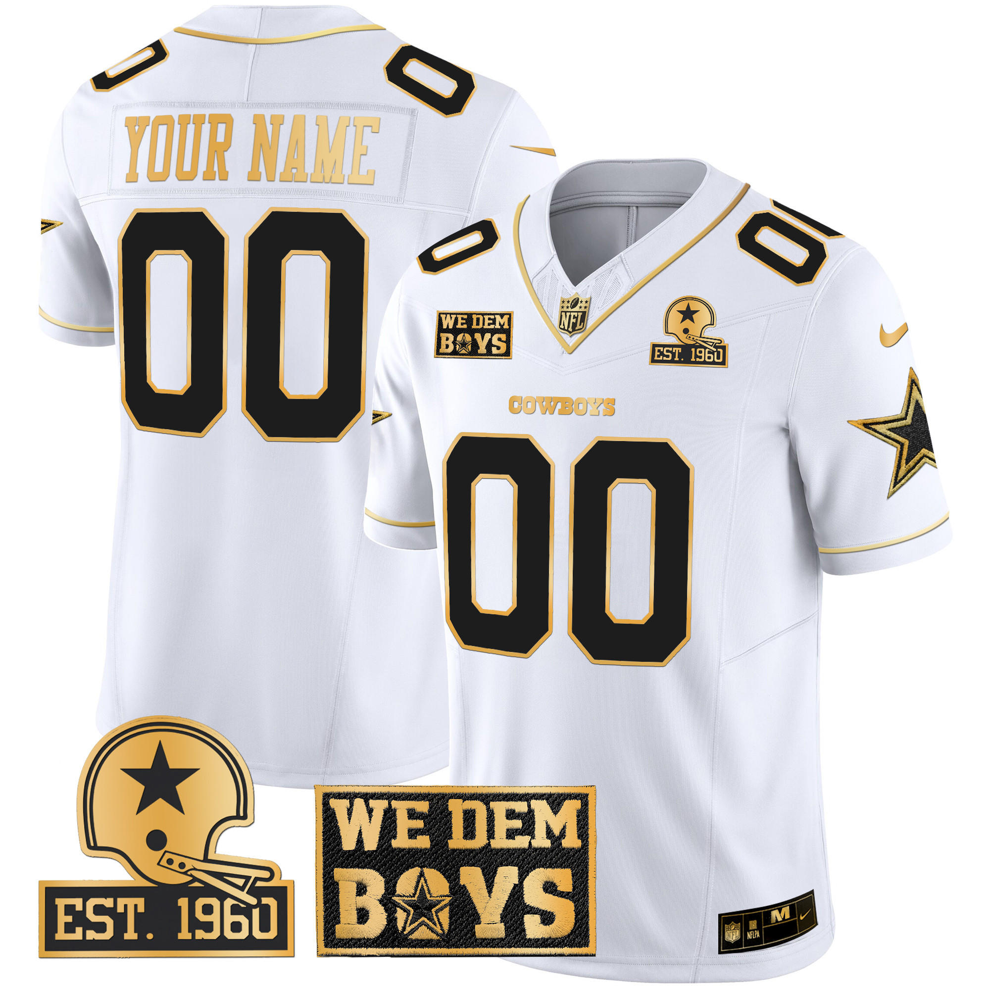 Men's Dallas Cowboys Est. 1960 & We Dem Boyz Patch Gold Vapor Limited Custom White Gold Jersey - All Stitched