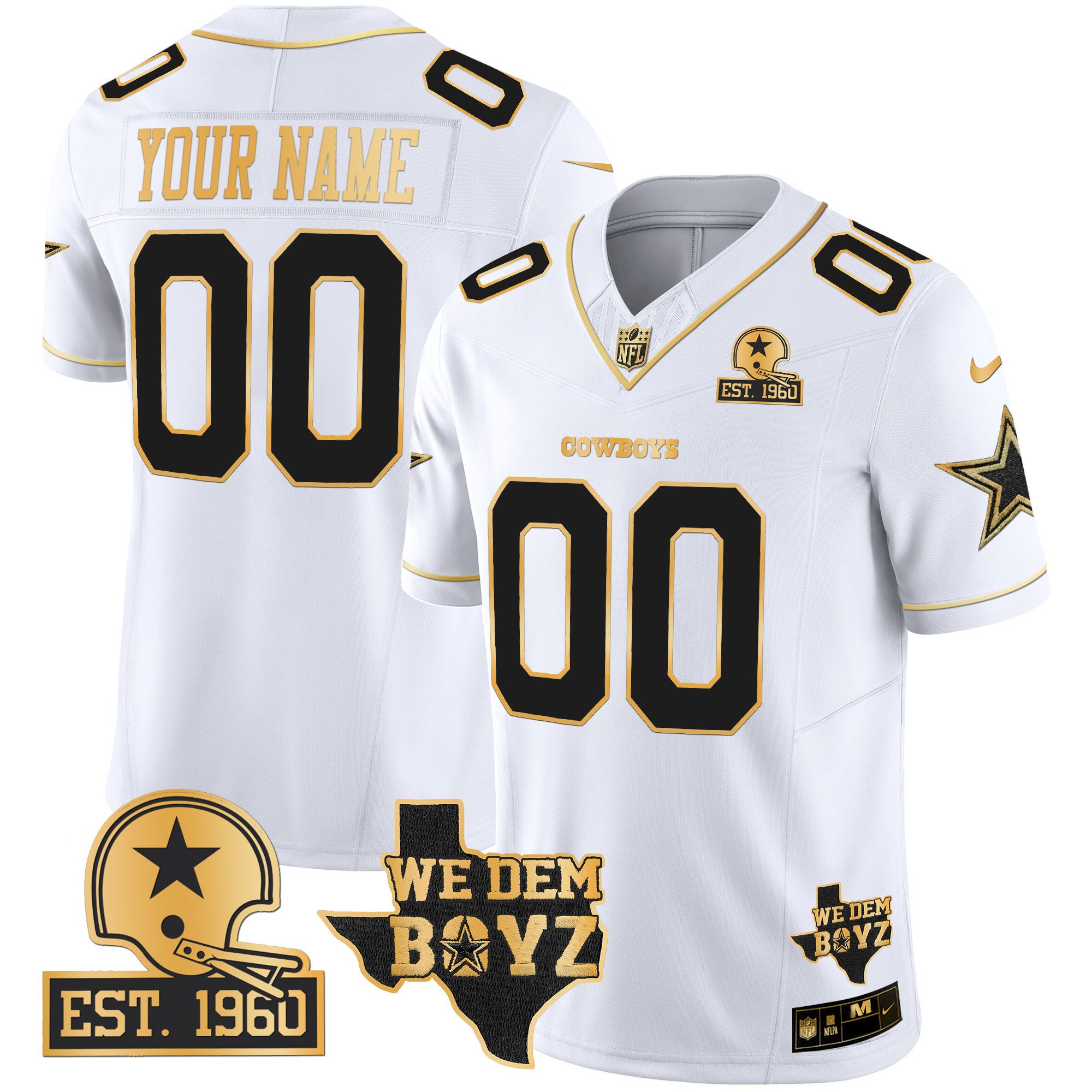 Men's Dallas Cowboys Est. 1960 & We Dem Boyz Patch Gold Vapor Limited Custom White Gold Jersey V2 - All Stitched