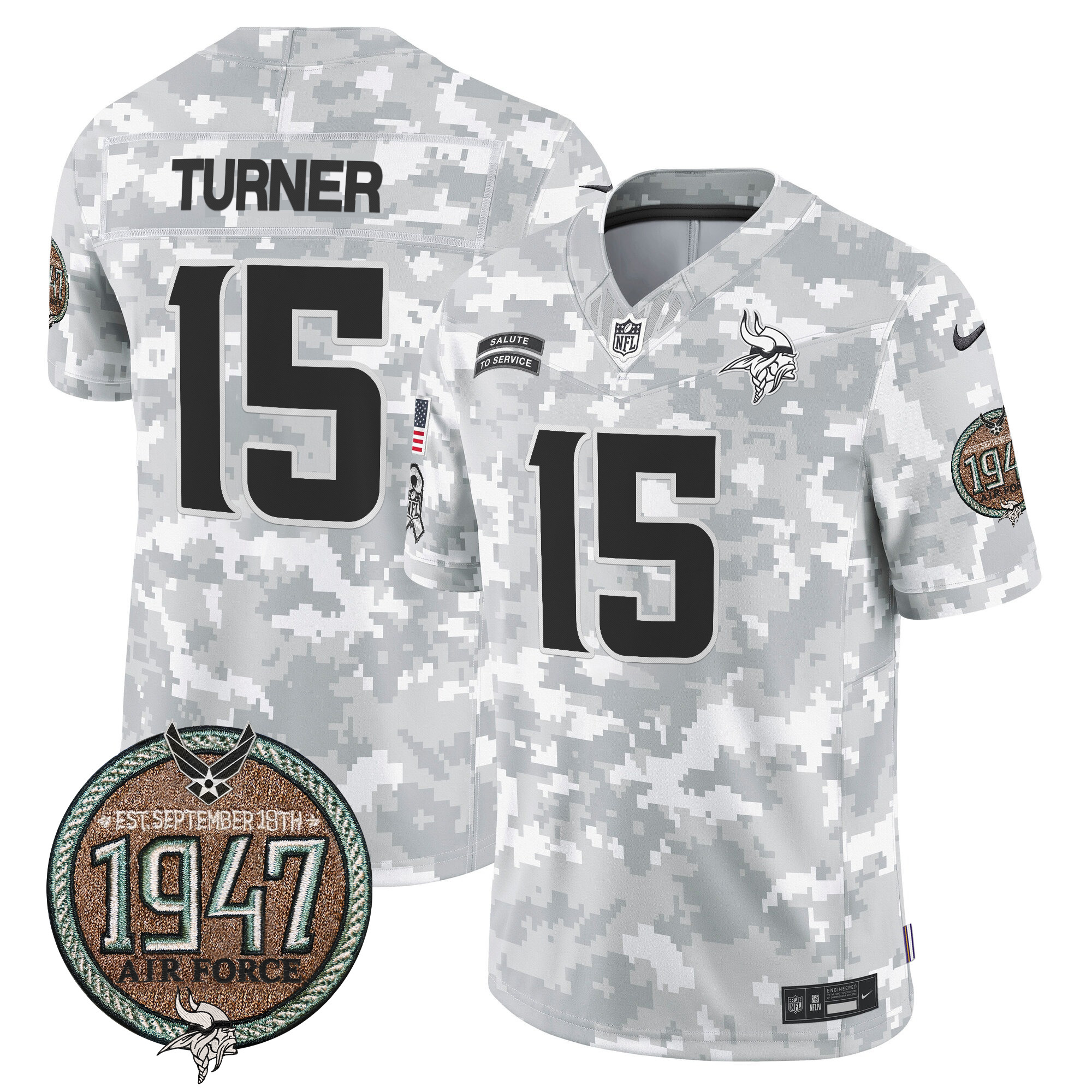Men's Dallas Turner Minnesota Vikings 2024 Salute to Service Establishment Year Patch Vapor Limited Air Force Jersey - All Stitched