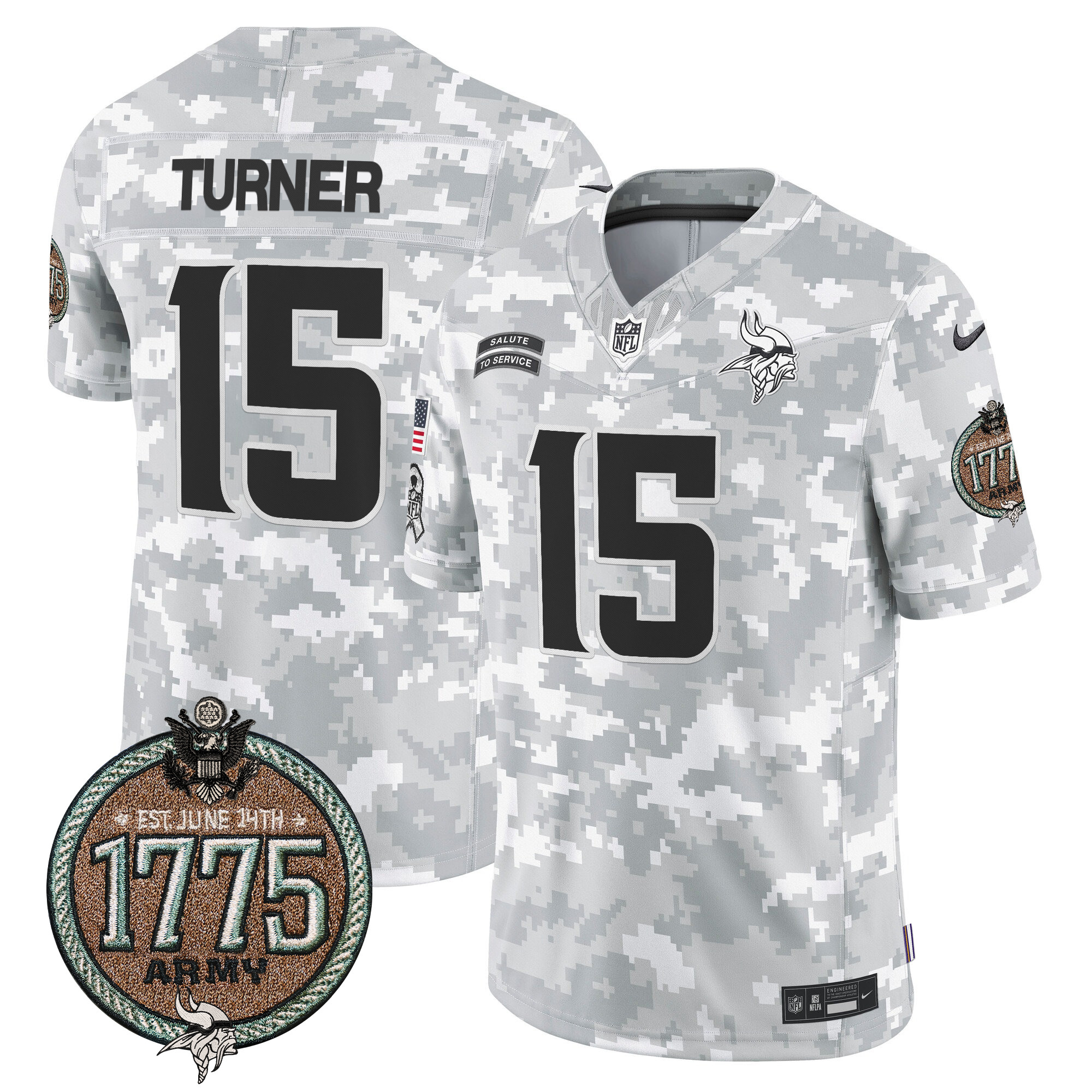 Men's Dallas Turner Minnesota Vikings 2024 Salute to Service Establishment Year Patch Vapor Limited Army Jersey - All Stitched