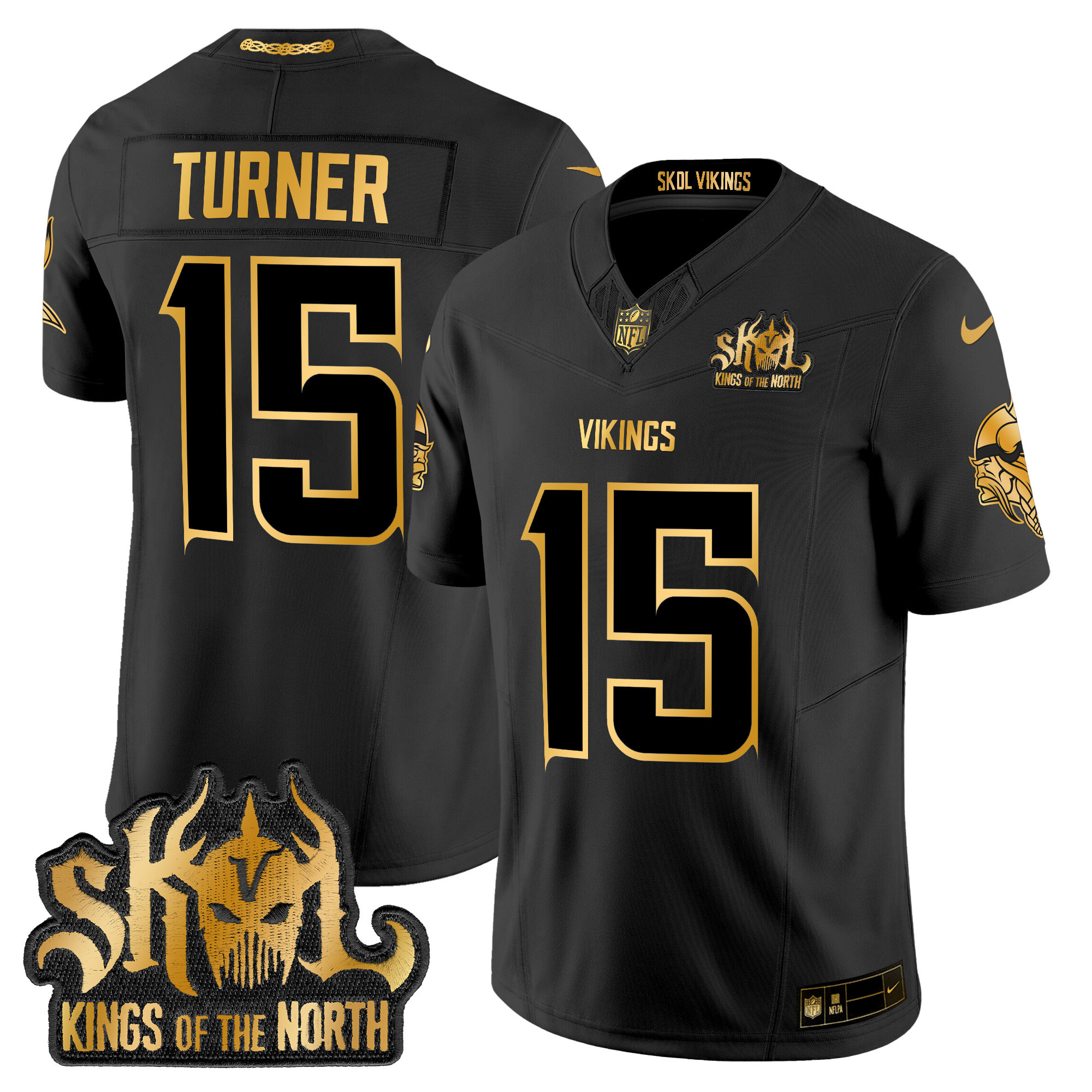 Men's Dallas Turner Minnesota Vikings 2024 Winter Warrior Skol Patch Gold Vapor Limited Black Gold Jersey - All Stitched