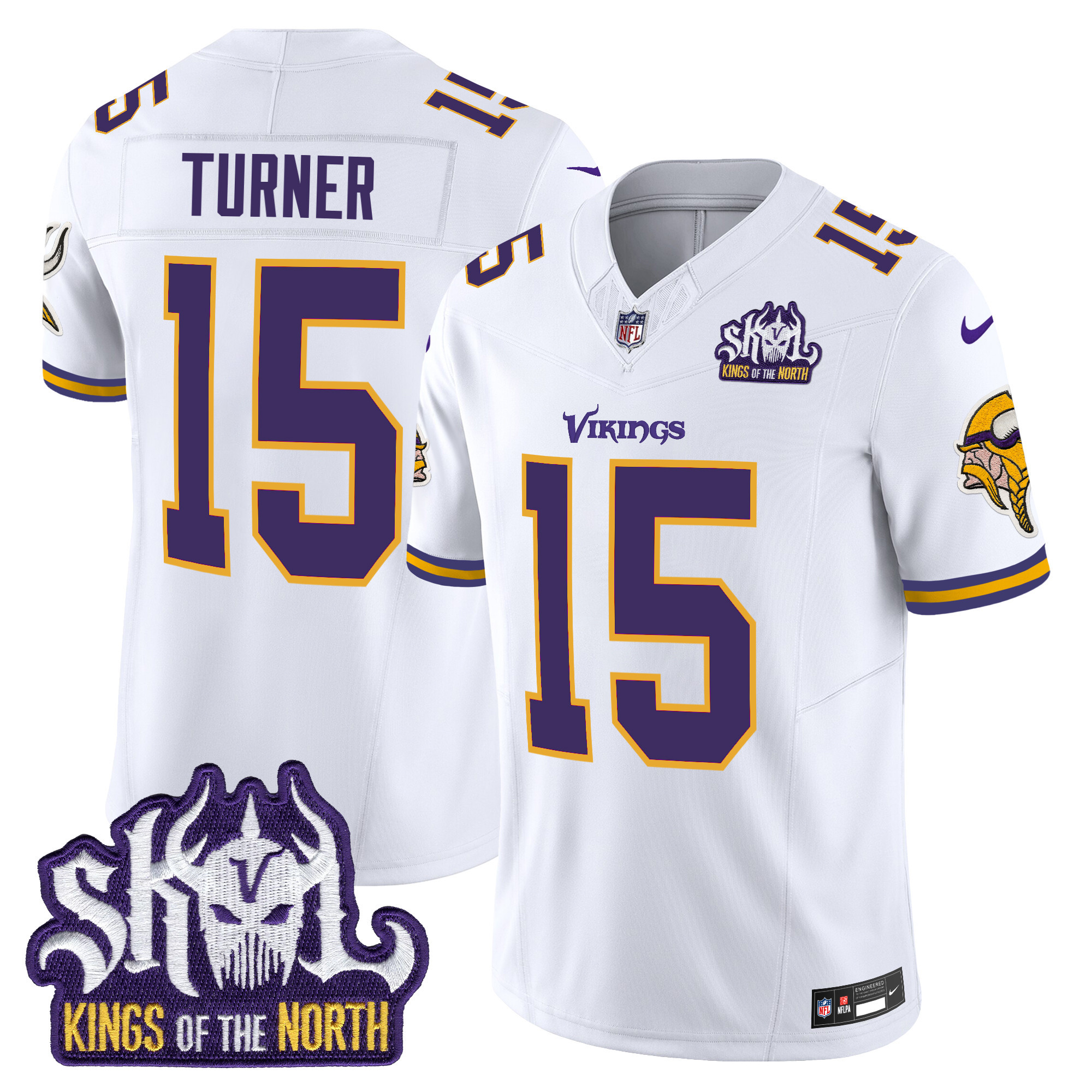 Men's Dallas Turner Minnesota Vikings King Of The North Patch Throwback Vapor Limited White Jersey - All Stitched