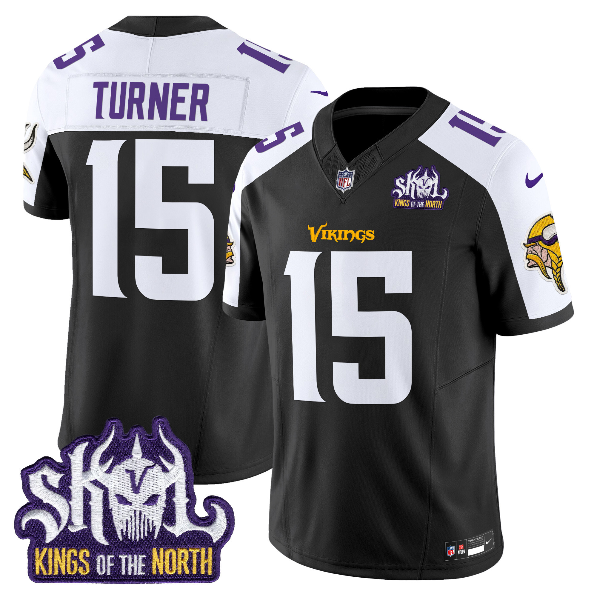 Men's Dallas Turner Minnesota Vikings Kings Of The North Patch Vapor Limited Black Alternate Jersey - All Stitched