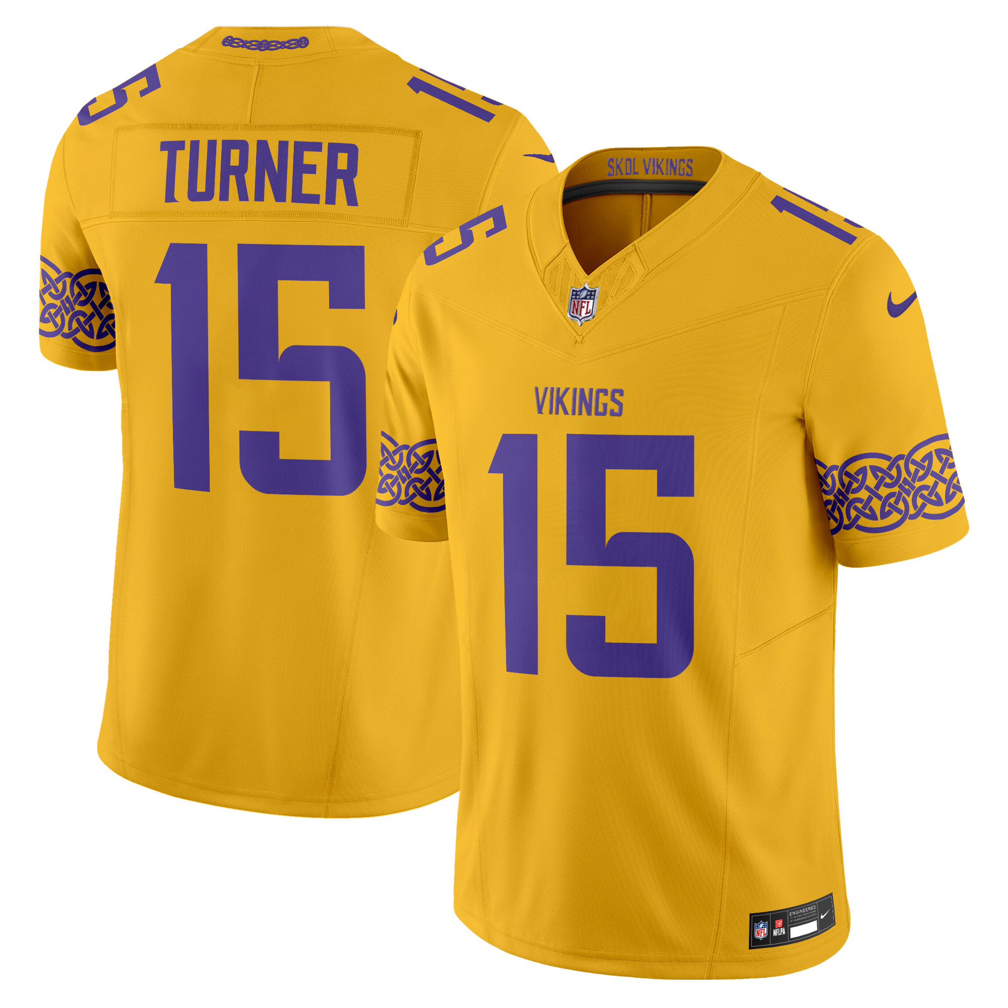 Men's Dallas Turner Minnesota Vikings Nordic Pattern Vapor Limited Gold Jersey - All Stitched