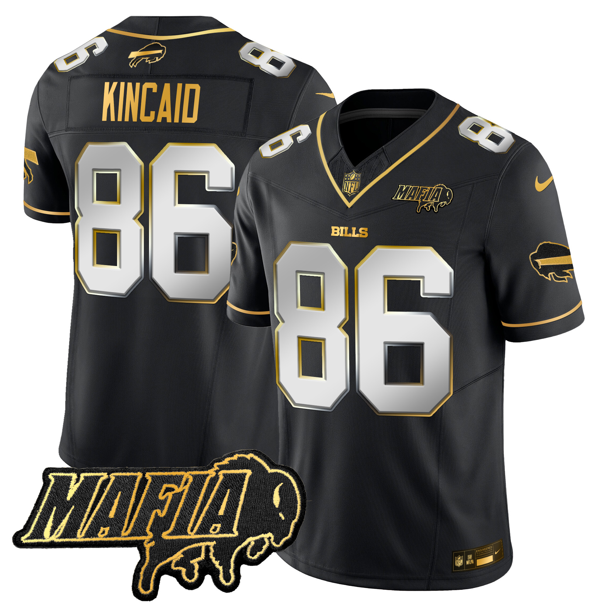 Men's Dalton Kincaid Buffalo Bills 2024 Buffalo Bills Mafia Patch Gold Vapor Limited Black Limited Jersey - All Stitched
