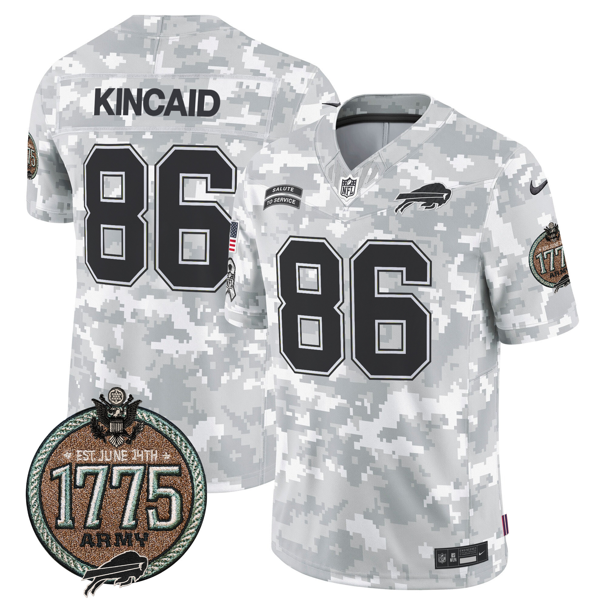 Men's Dalton Kincaid Buffalo Bills 2024 Salute to Service Establishment Year Patch Vapor Limited Army Jersey - All Stitched