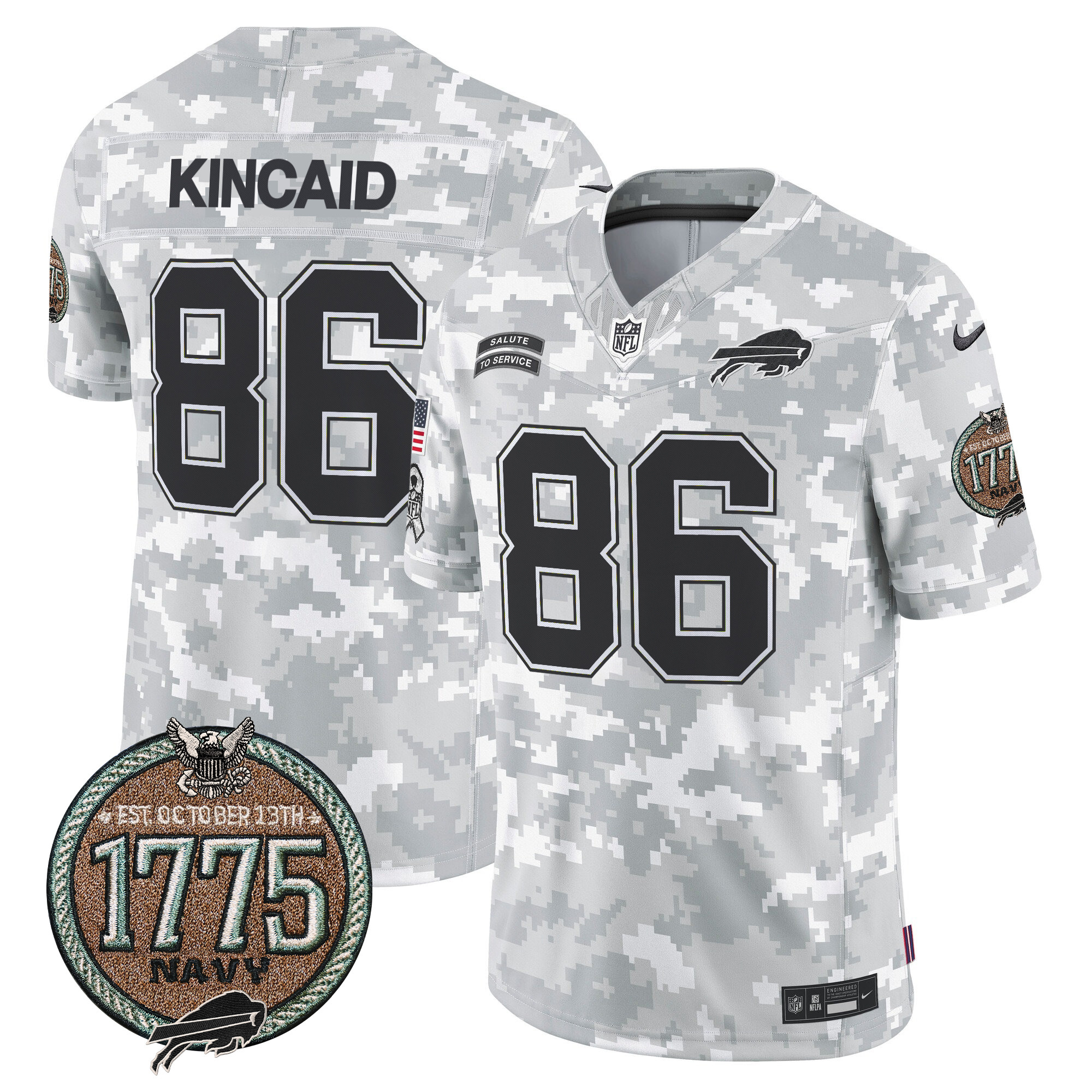 Men's Dalton Kincaid Buffalo Bills 2024 Salute to Service Establishment Year Patch Vapor Limited Navy Jersey - All Stitched