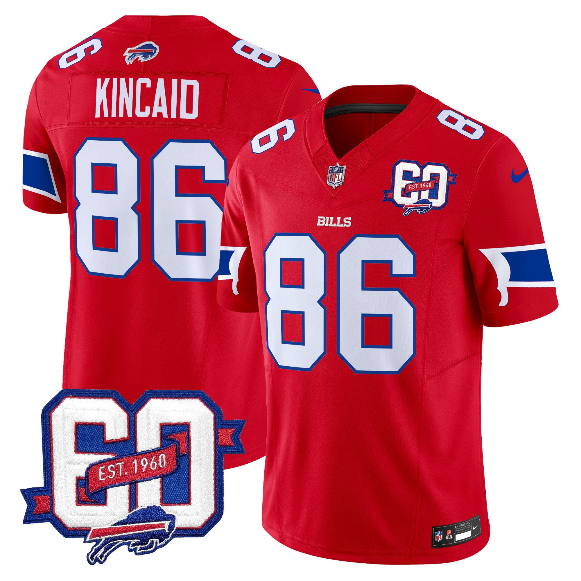 Men's Dalton Kincaid Buffalo Bills 60th Anniversary Patch Vapor Limited Red Jersey - All Stitched