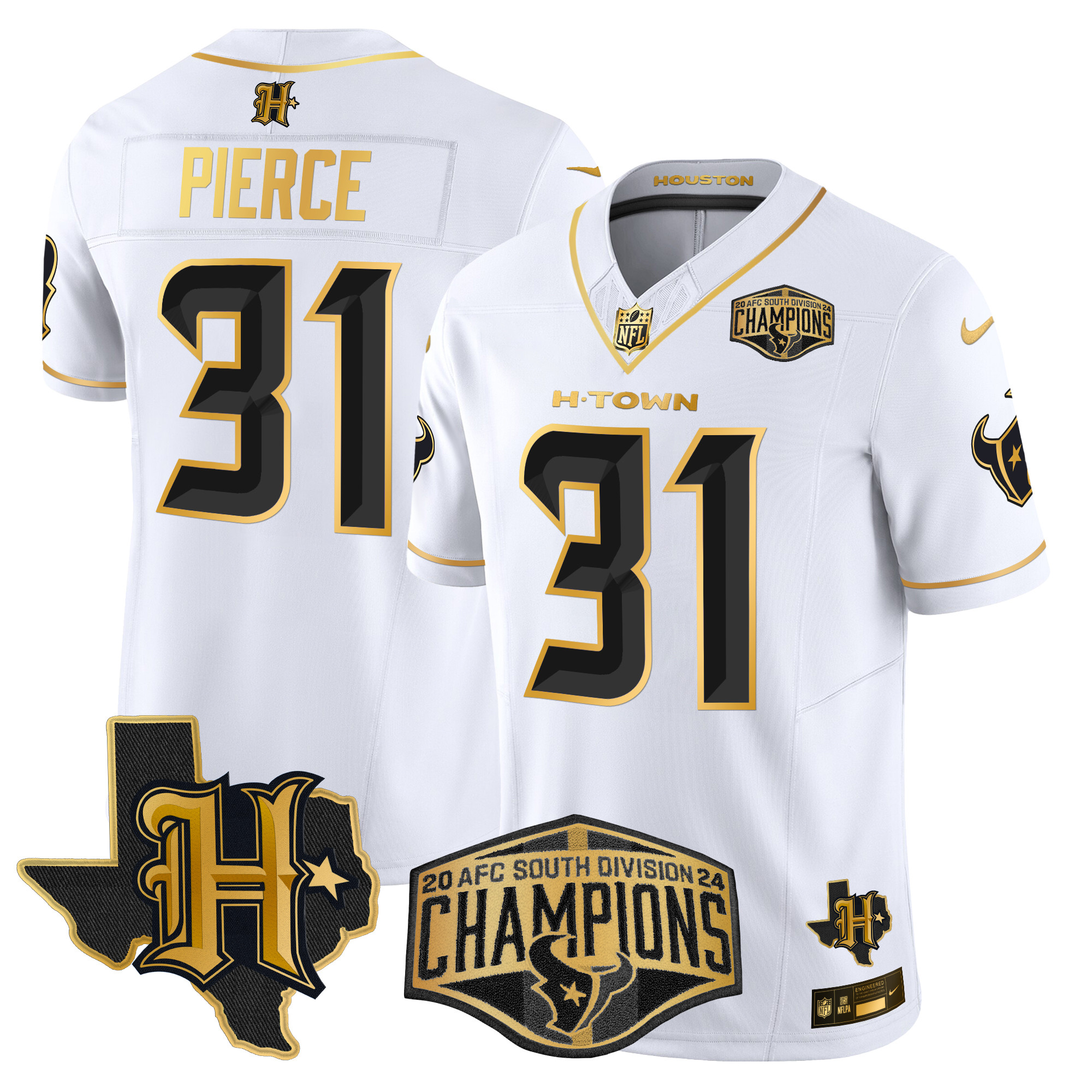 Men's Dameon Pierce Houston Texans 2024 AFC South Division Champions Patch Gold Vapor Limited White Gold Jersey - All Stitched