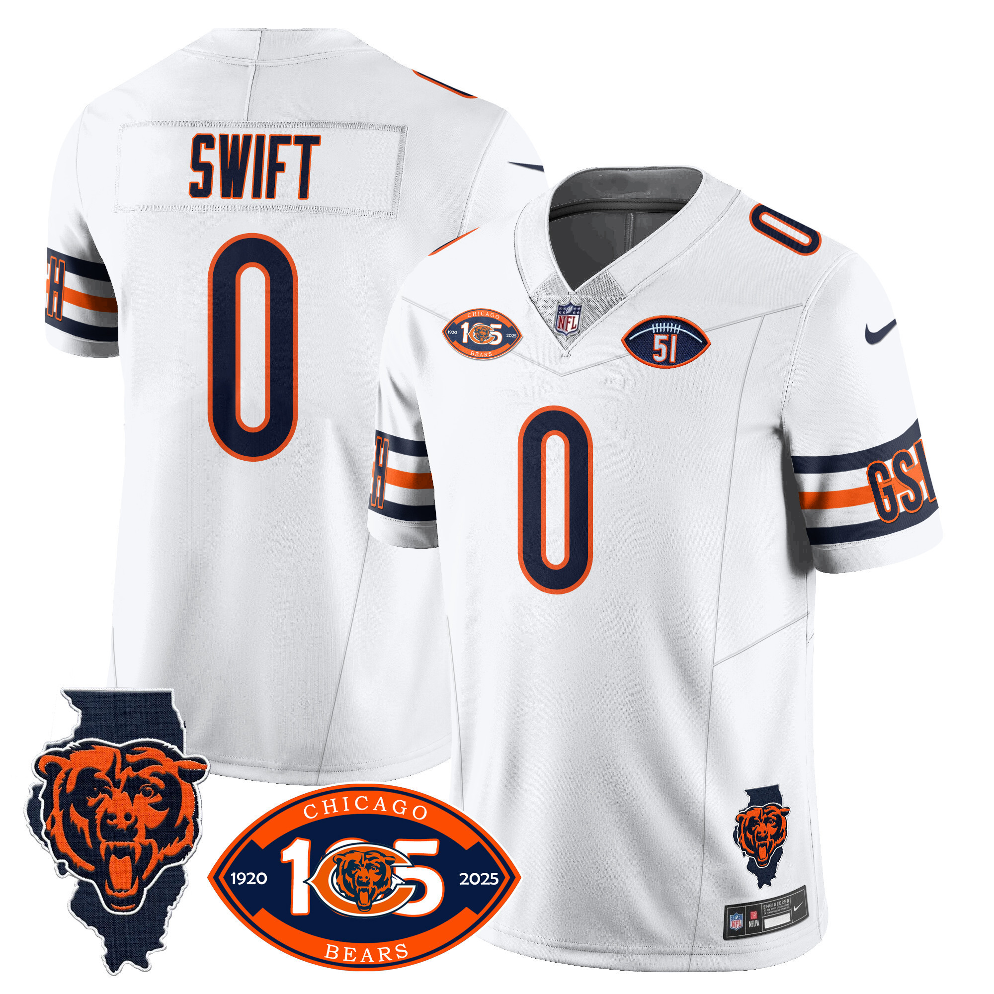 Men's D'Andre Swift Chicago Bears 1920-2025 The Chicago Bears Vapor Limited White Jersey - All Stitched
