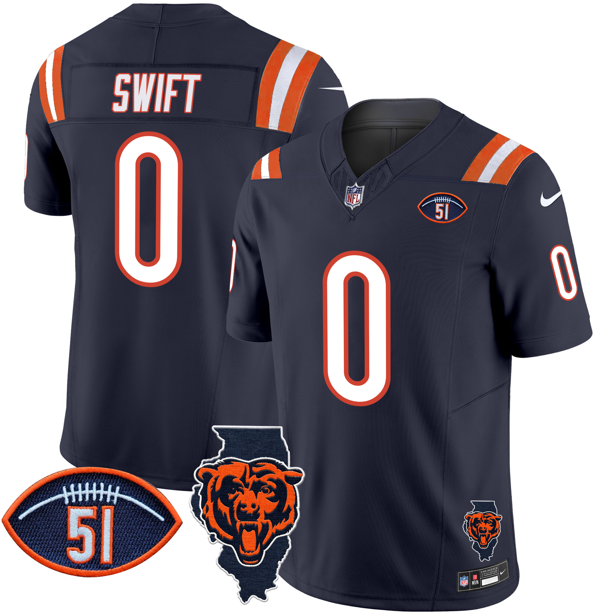 Men's D'Andre Swift Chicago Bears Illinois Patch Vapor Limited Navy Jersey - All Stitched