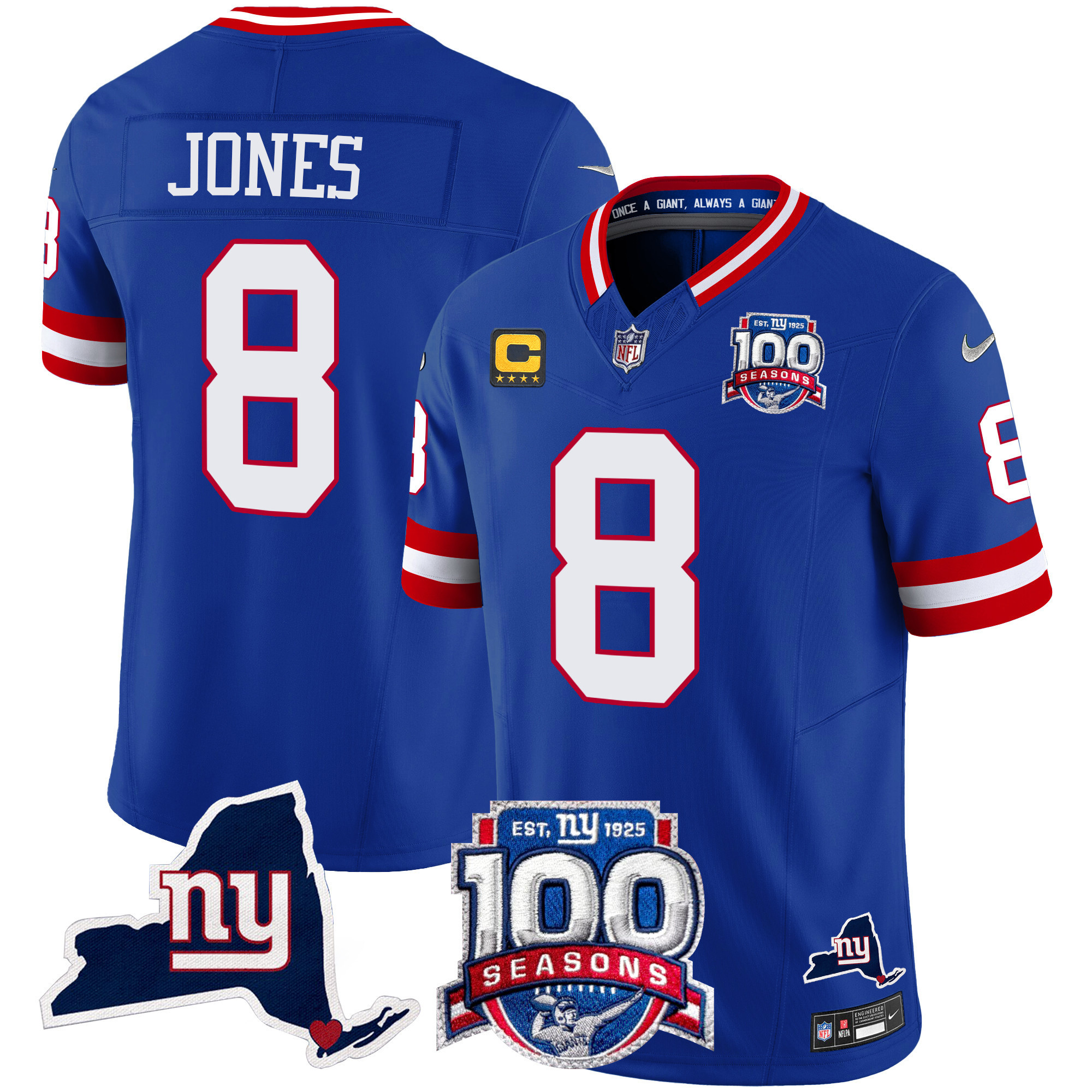 Men's Daniel Jones New York Giants 100th Season & State Patch Vapor Limited Royal Jersey - All Stitched
