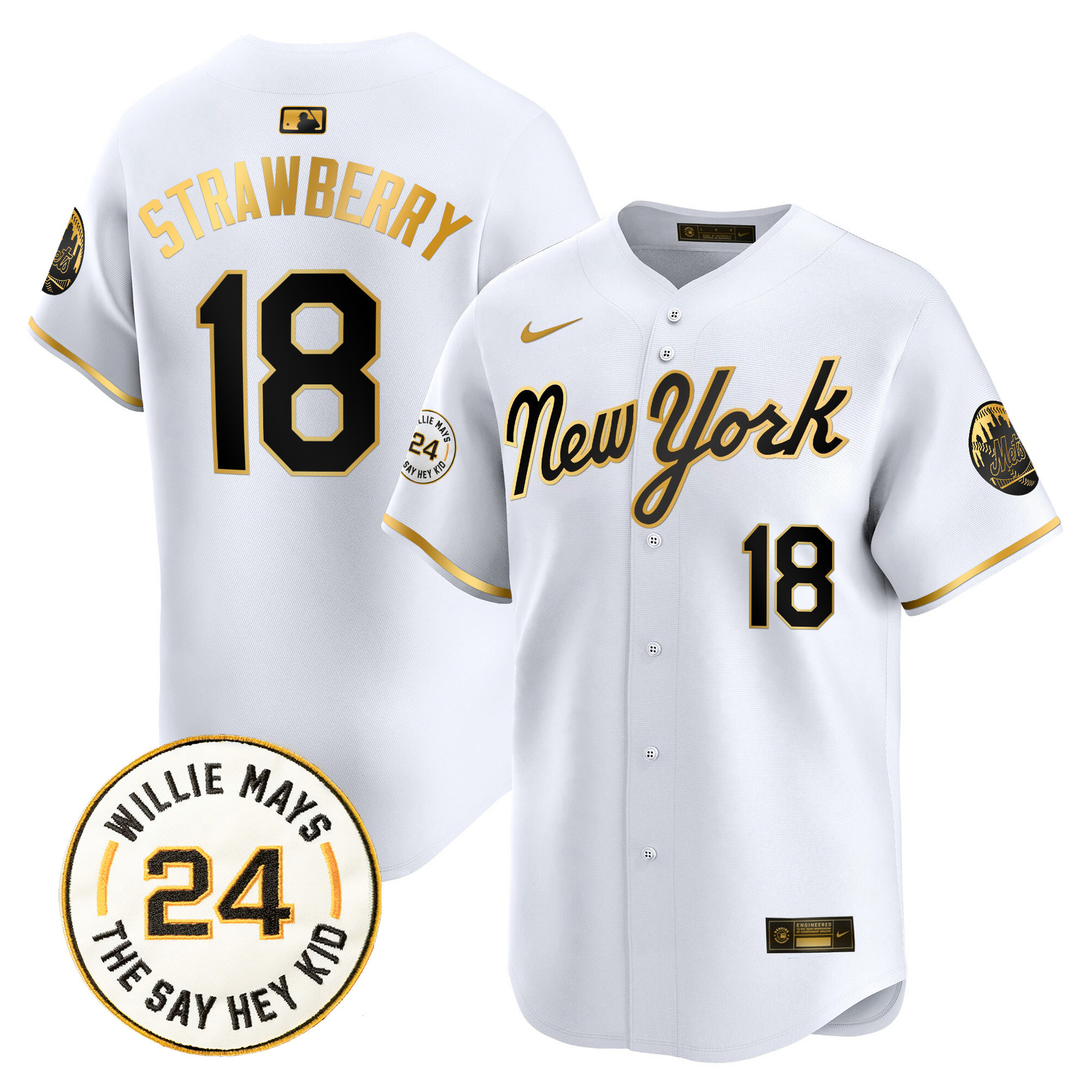 Men's Darryl Strawberry New York Mets Willie Mays Patch Vapor Premier Limited New York Gold Jersey - All Stitched
