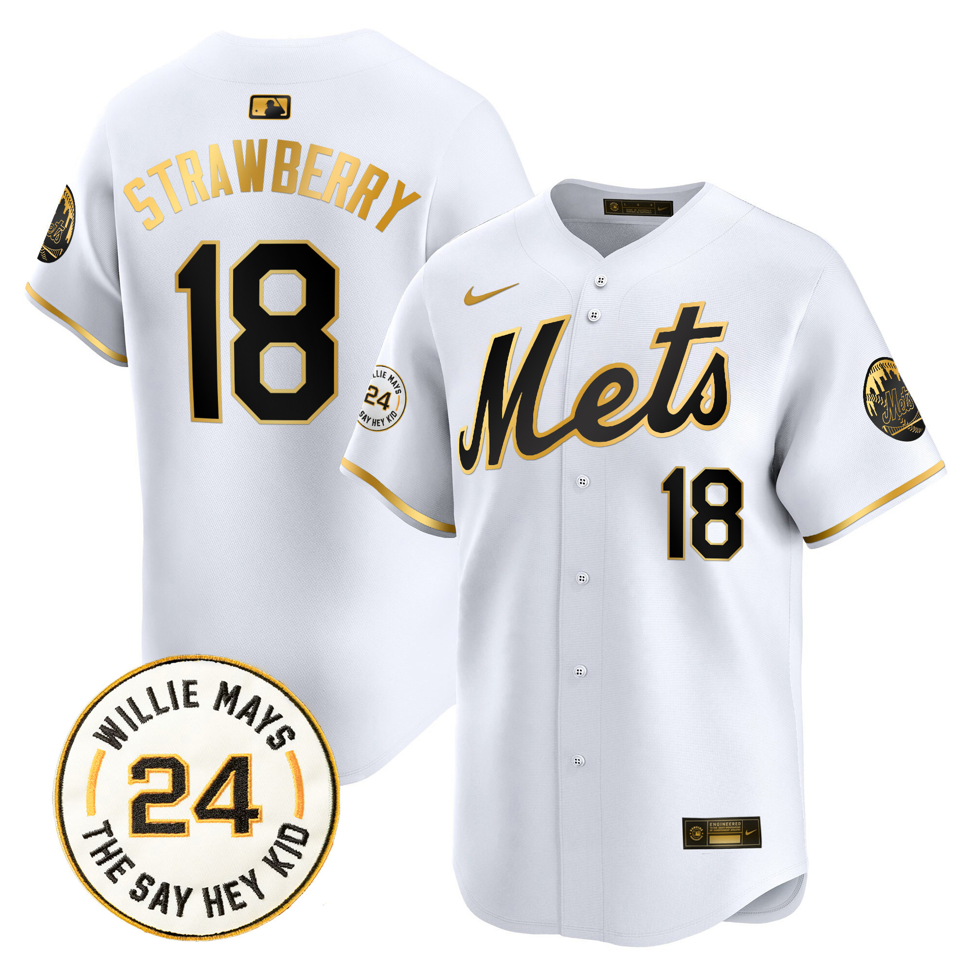 Men's Darryl Strawberry New York Mets Willie Mays Patch Vapor Premier Limited White Gold Jersey - All Stitched