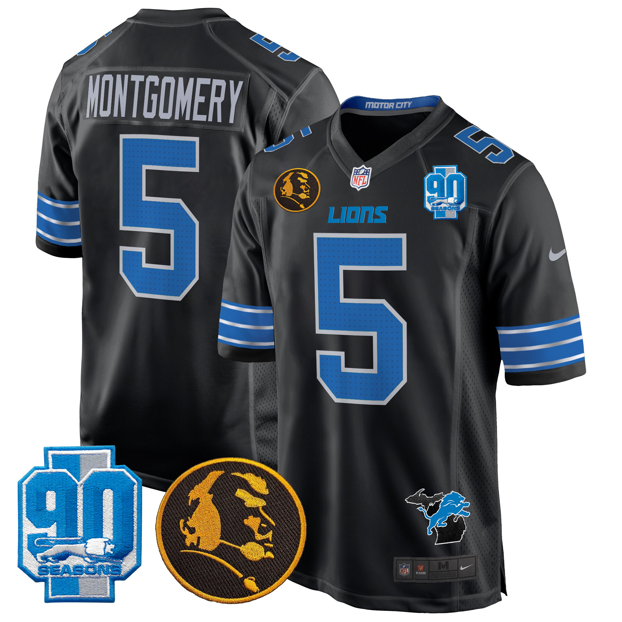 Men's David Montgomery Detroit Lions 2024 90th & John Madden Patch Game Black Jersey - All Stitched