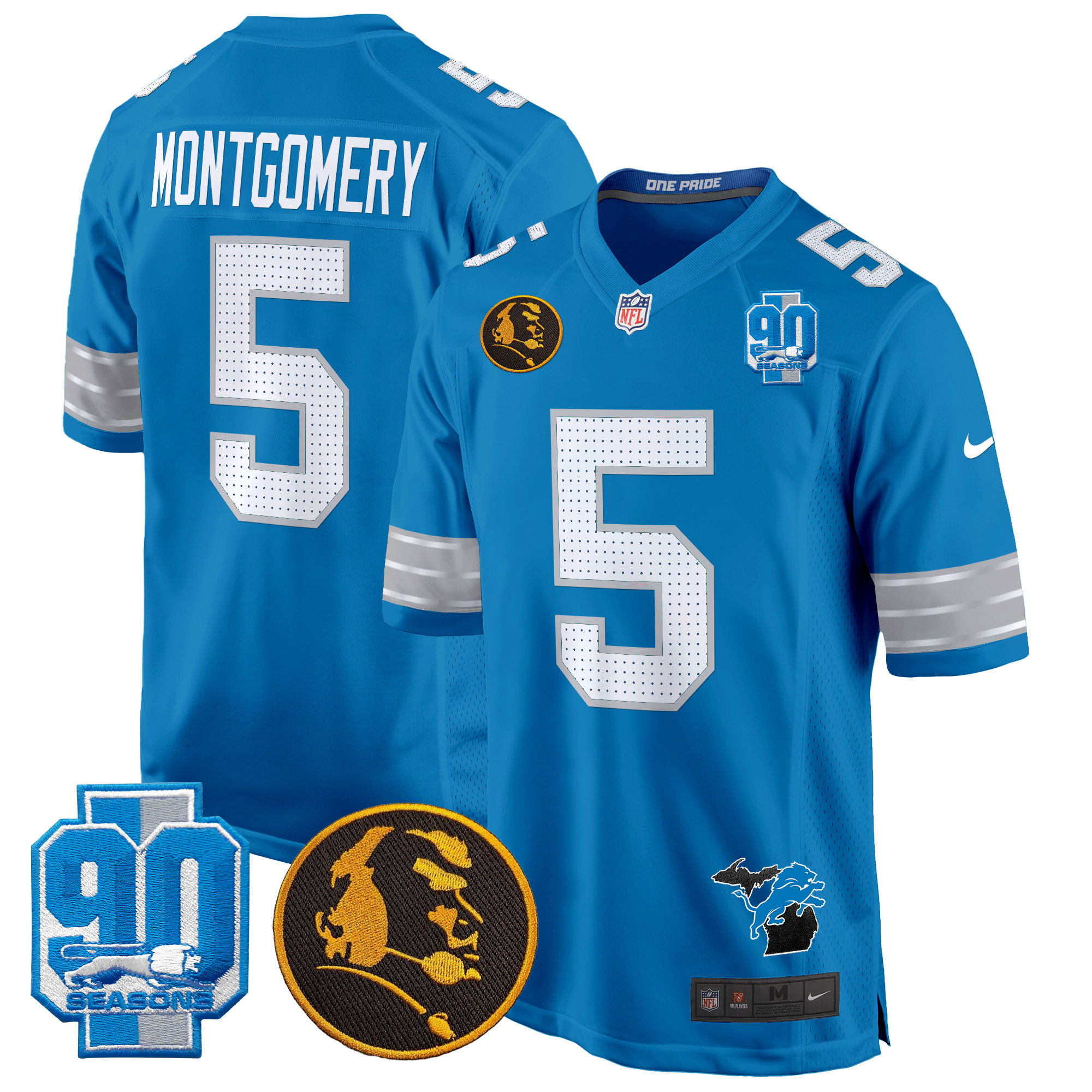 Men's David Montgomery Detroit Lions 2024 90th & John Madden Patch Game Blue Jersey - All Stitched