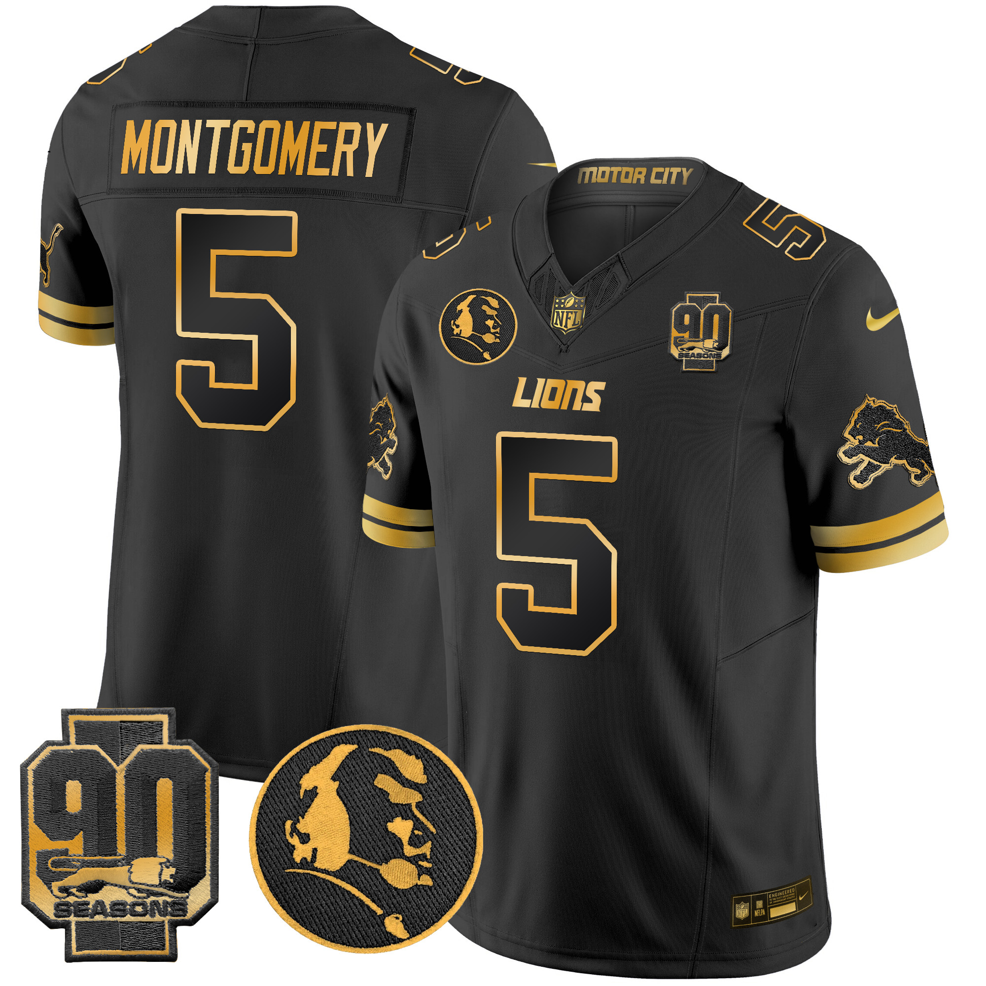 Men's David Montgomery Detroit Lions 2024 90th & John Madden Patch Gold Vapor Limited Black Gold Jersey - All Stitched