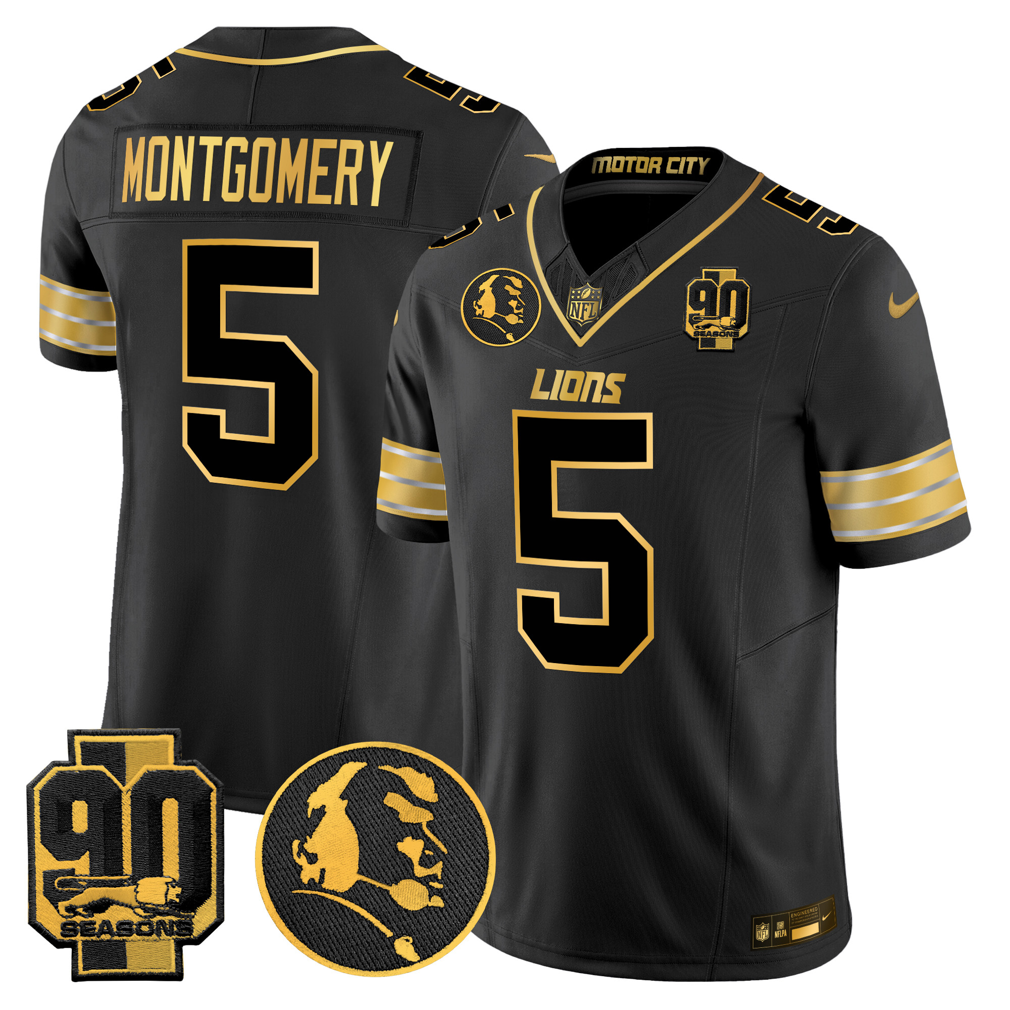 Men's David Montgomery Detroit Lions 2024 90th & John Madden Patch Gold Vapor Limited Black Gold Jersey - All Stitched
