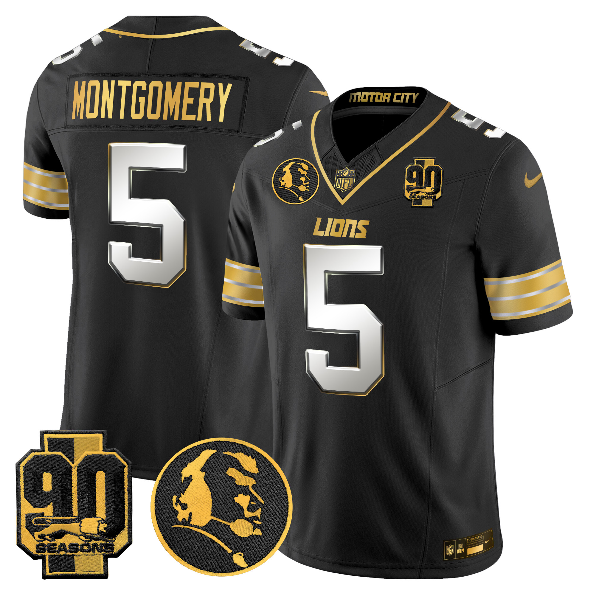 Men's David Montgomery Detroit Lions 2024 90th & John Madden Patch Gold Vapor Limited Black Limited Jersey - All Stitched