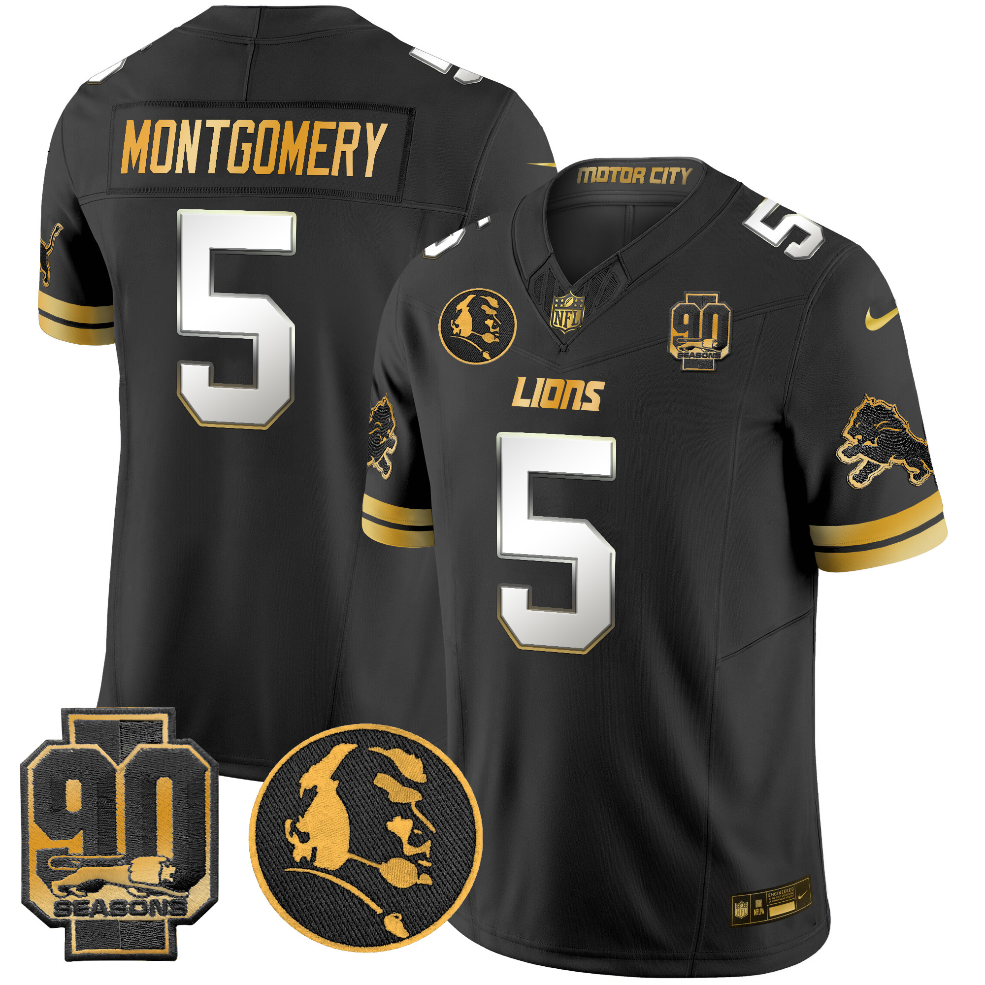 Men's David Montgomery Detroit Lions 2024 90th & John Madden Patch Gold Vapor Limited Black Limited Jersey - All Stitched