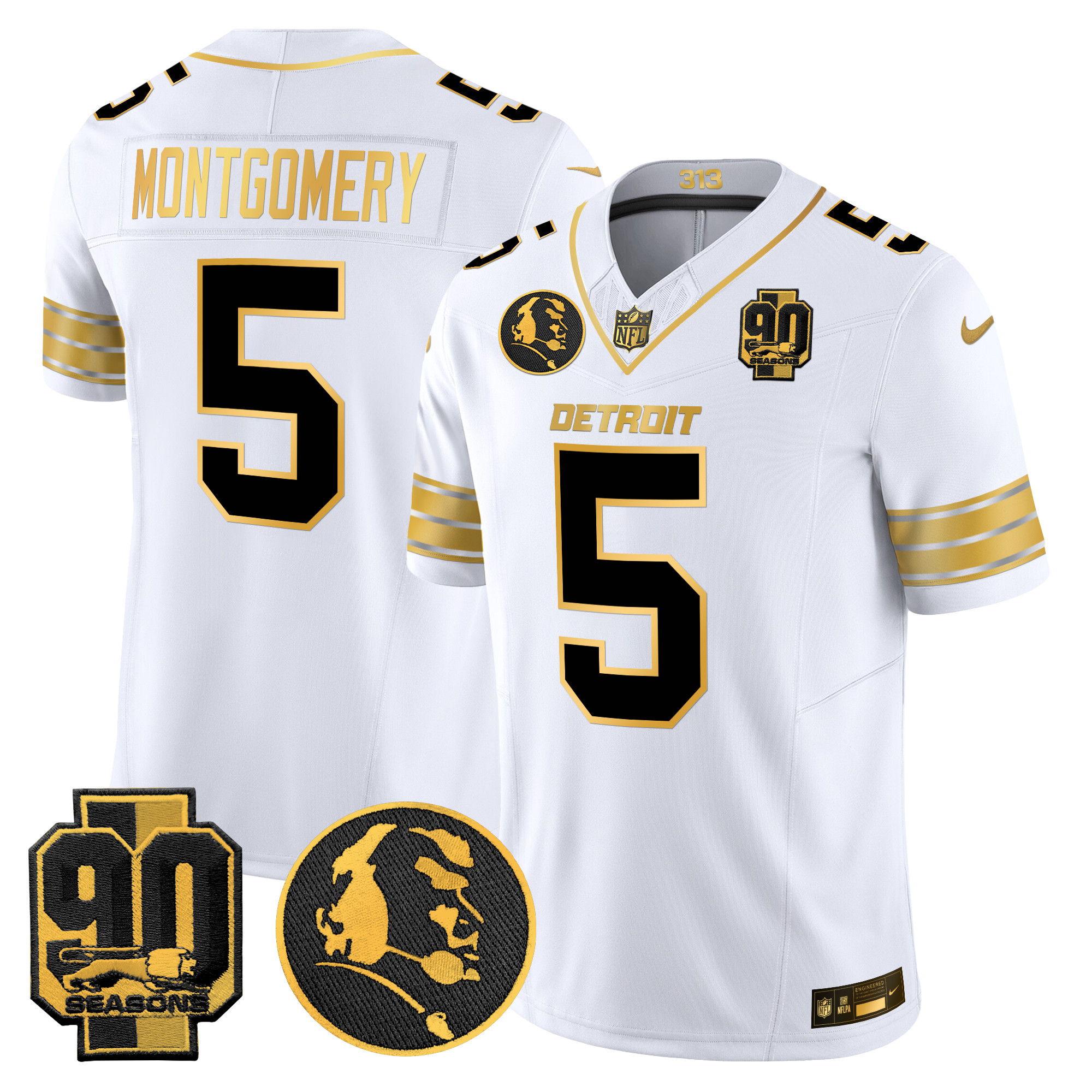 Men's David Montgomery Detroit Lions 2024 90th & John Madden Patch Gold Vapor Limited White Gold Jersey - All Stitched